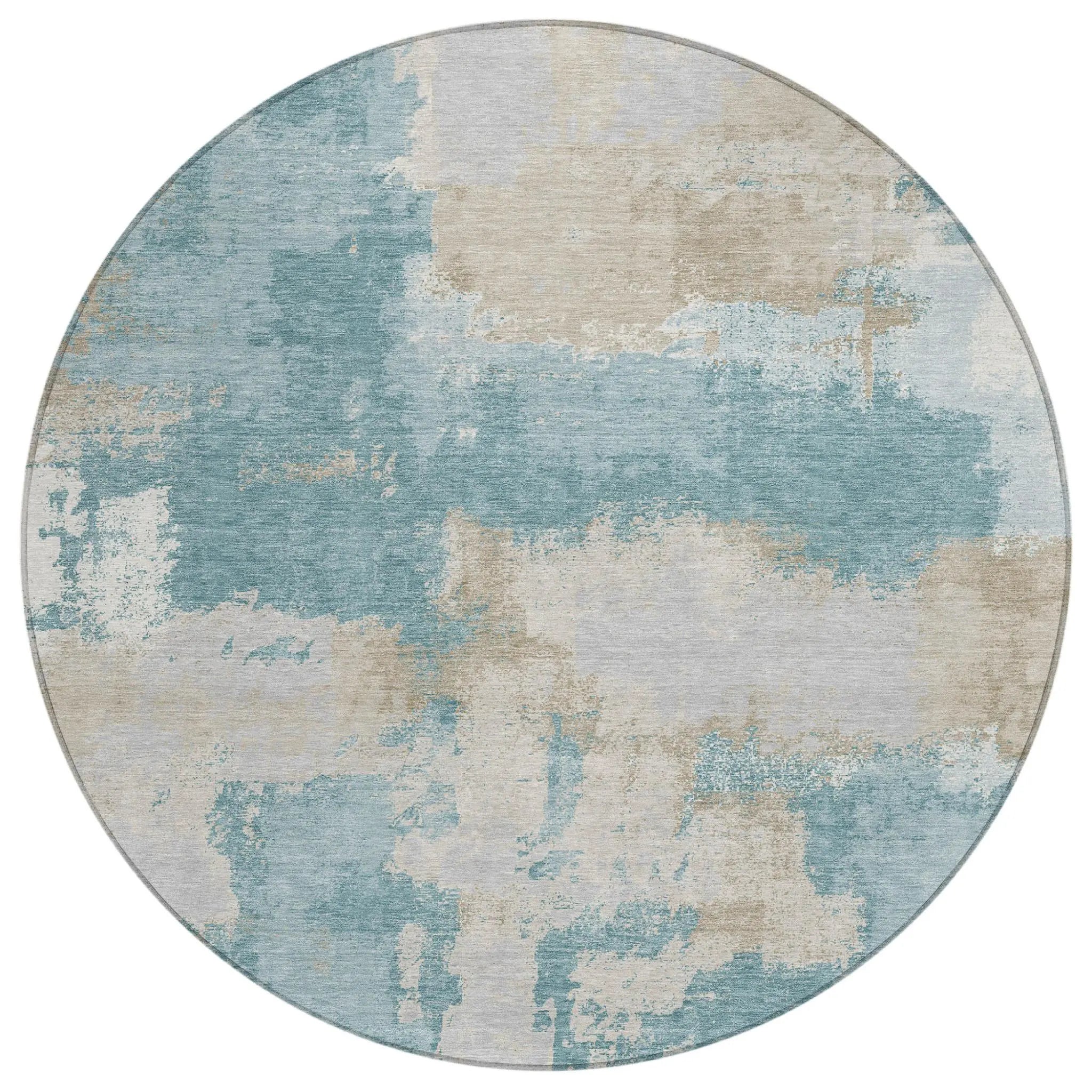 8' Teal Blue And Silver Round Abstract Washable Indoor Outdoor Area Rug Homeroots Outdoor