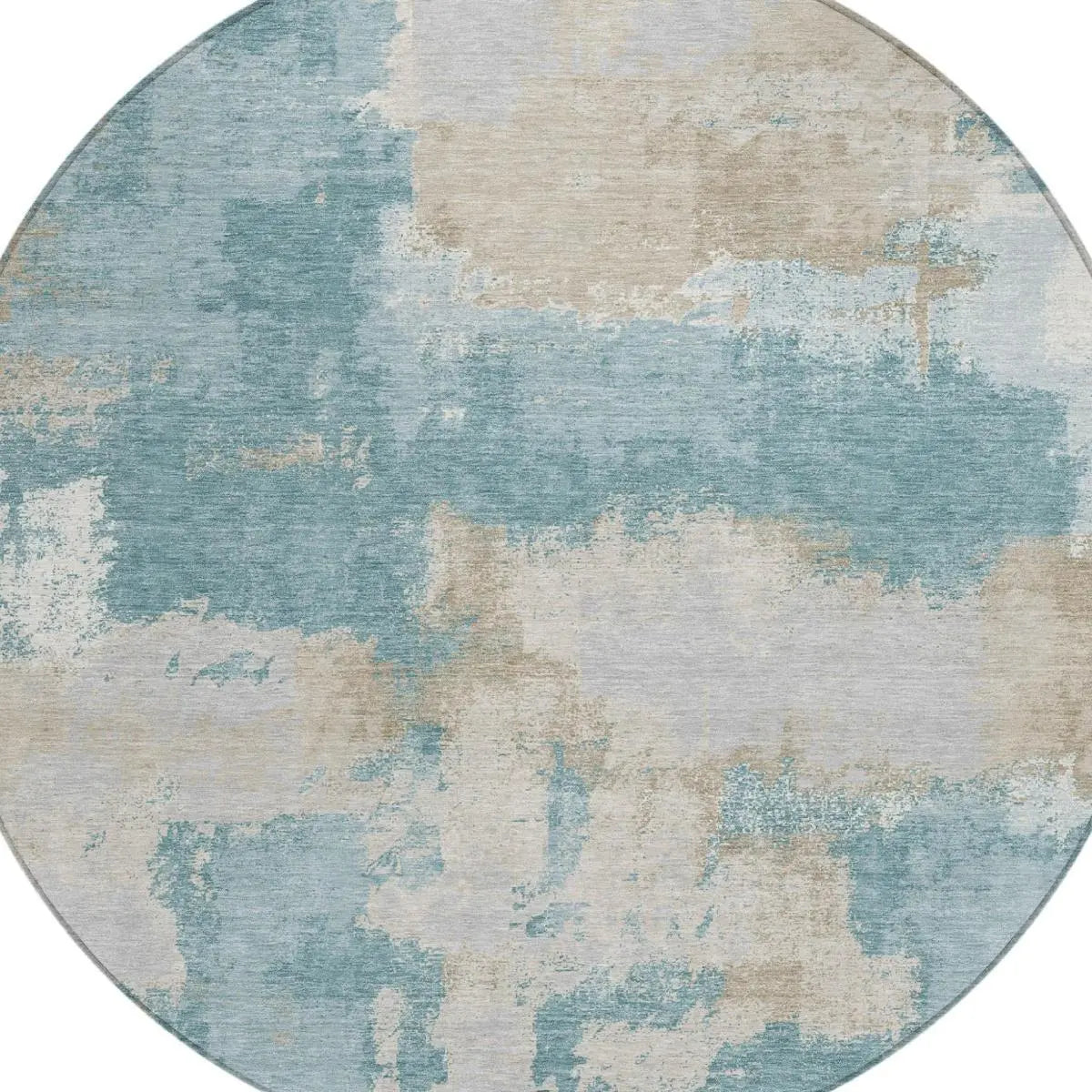 8' Teal Blue And Silver Round Abstract Washable Indoor Outdoor Area Rug Homeroots Outdoor