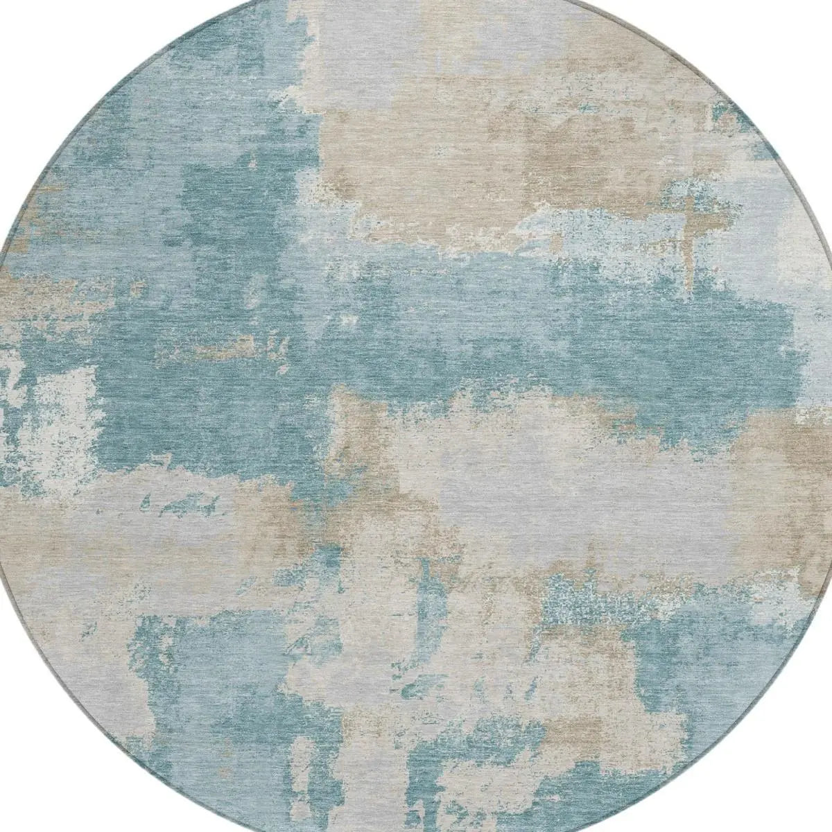 8' Teal Blue And Silver Round Abstract Washable Indoor Outdoor Area Rug Homeroots Outdoor