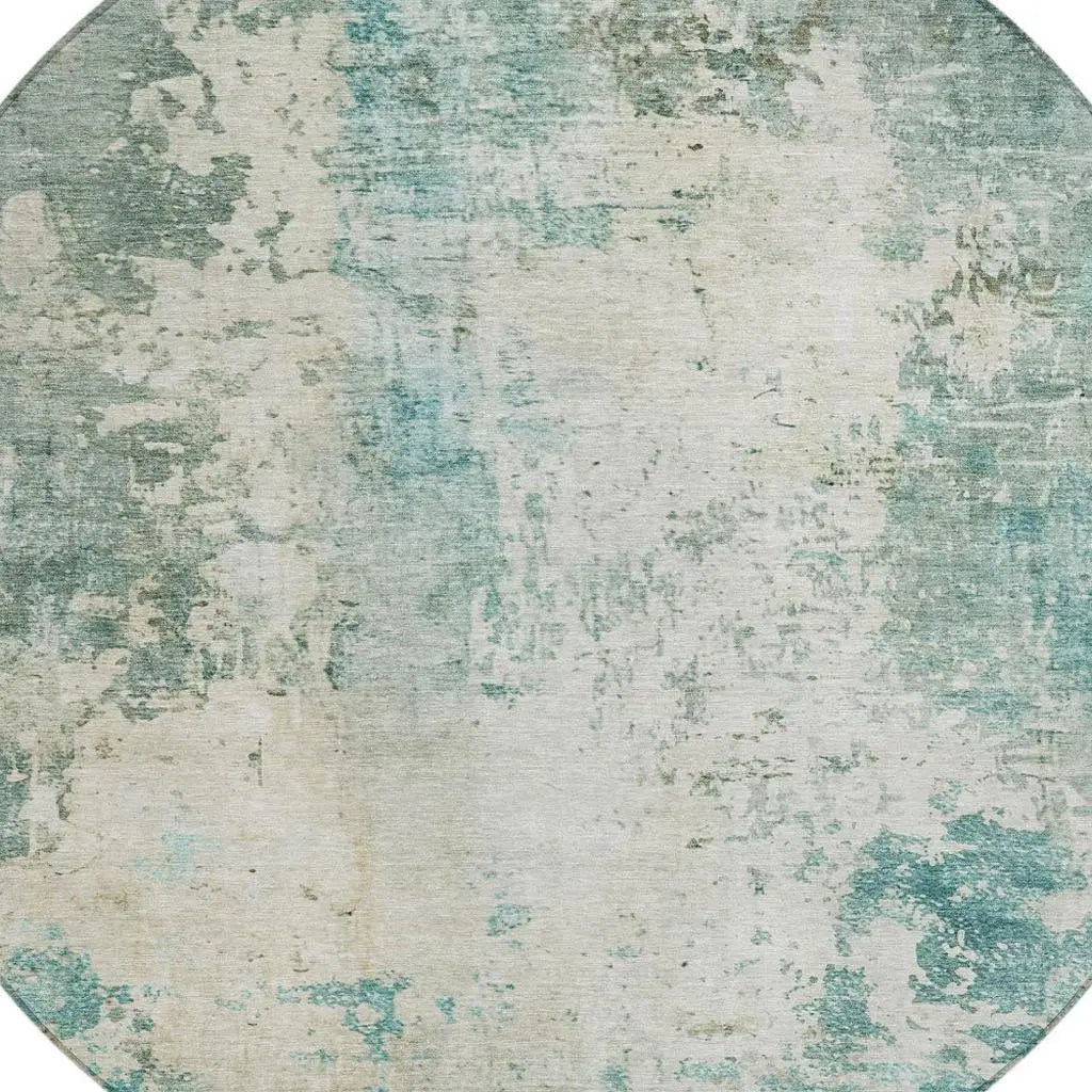 8' Teal Blue And Silver Round Abstract Washable Indoor Outdoor Area Rug Homeroots Outdoor