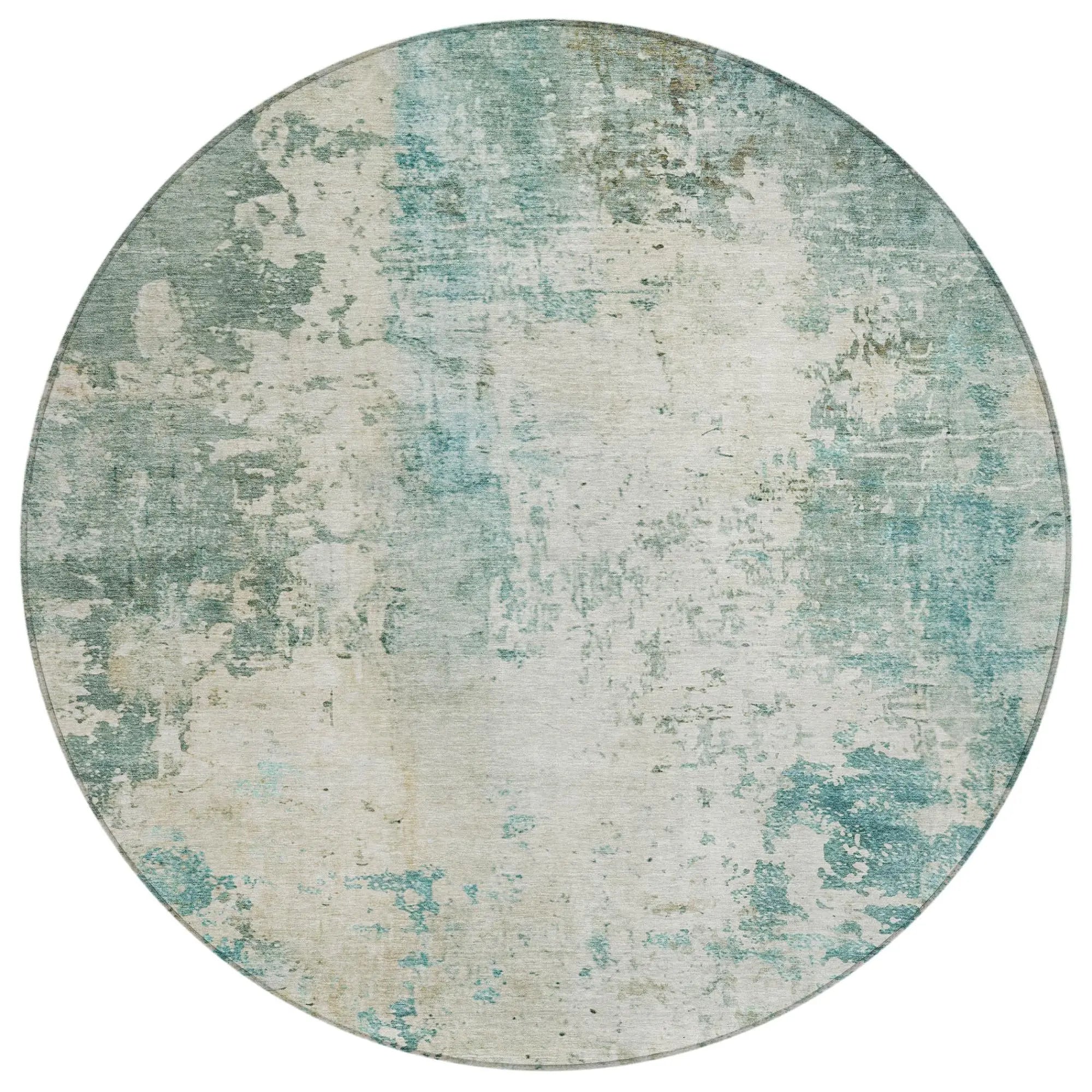 8' Teal Blue And Silver Round Abstract Washable Indoor Outdoor Area Rug Homeroots Outdoor
