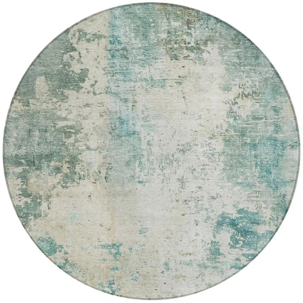 8' Teal Blue And Silver Round Abstract Washable Indoor Outdoor Area Rug Homeroots Outdoor