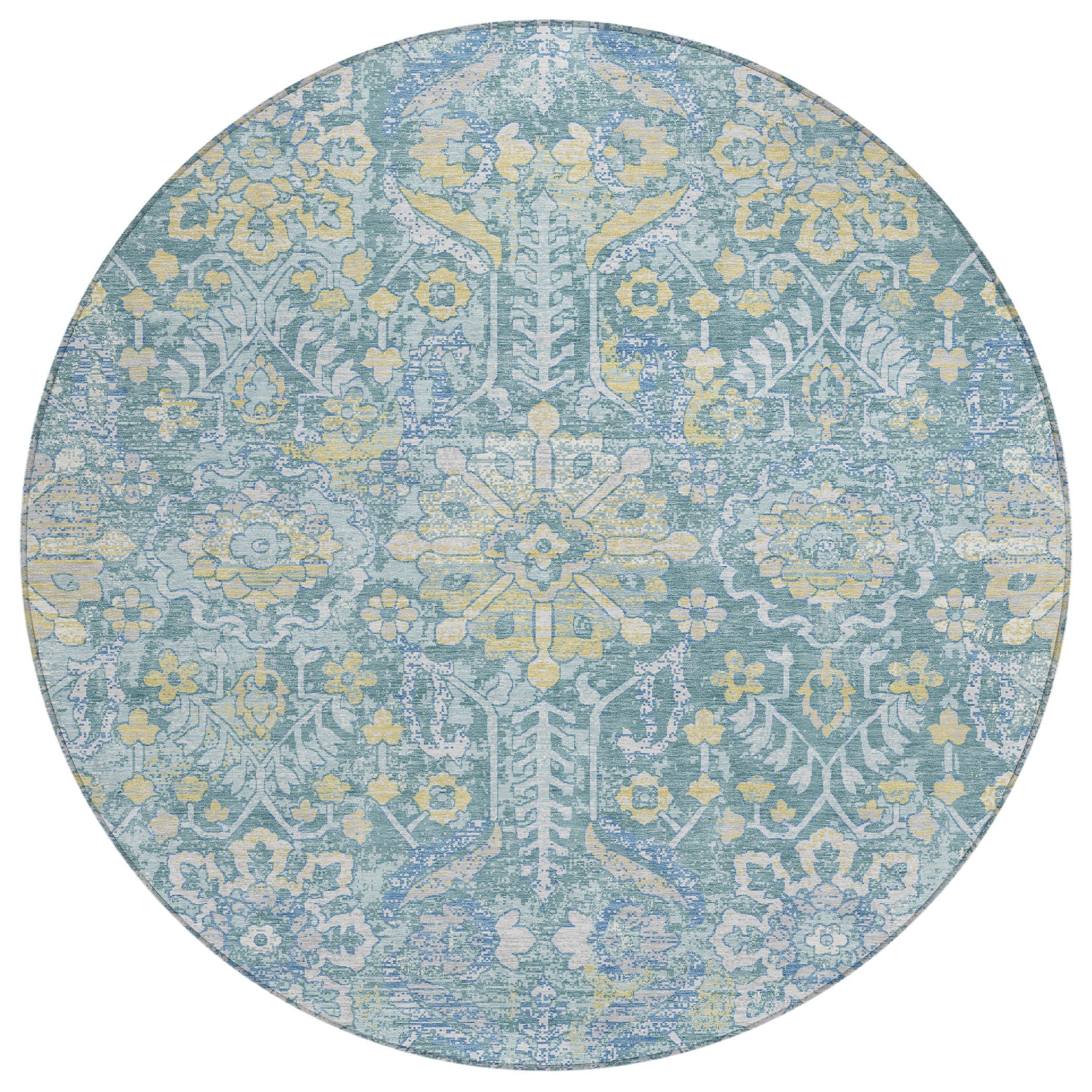 8' Teal Blue And Silver Round Damask Washable Indoor Outdoor Area Rug Homeroots Outdoor
