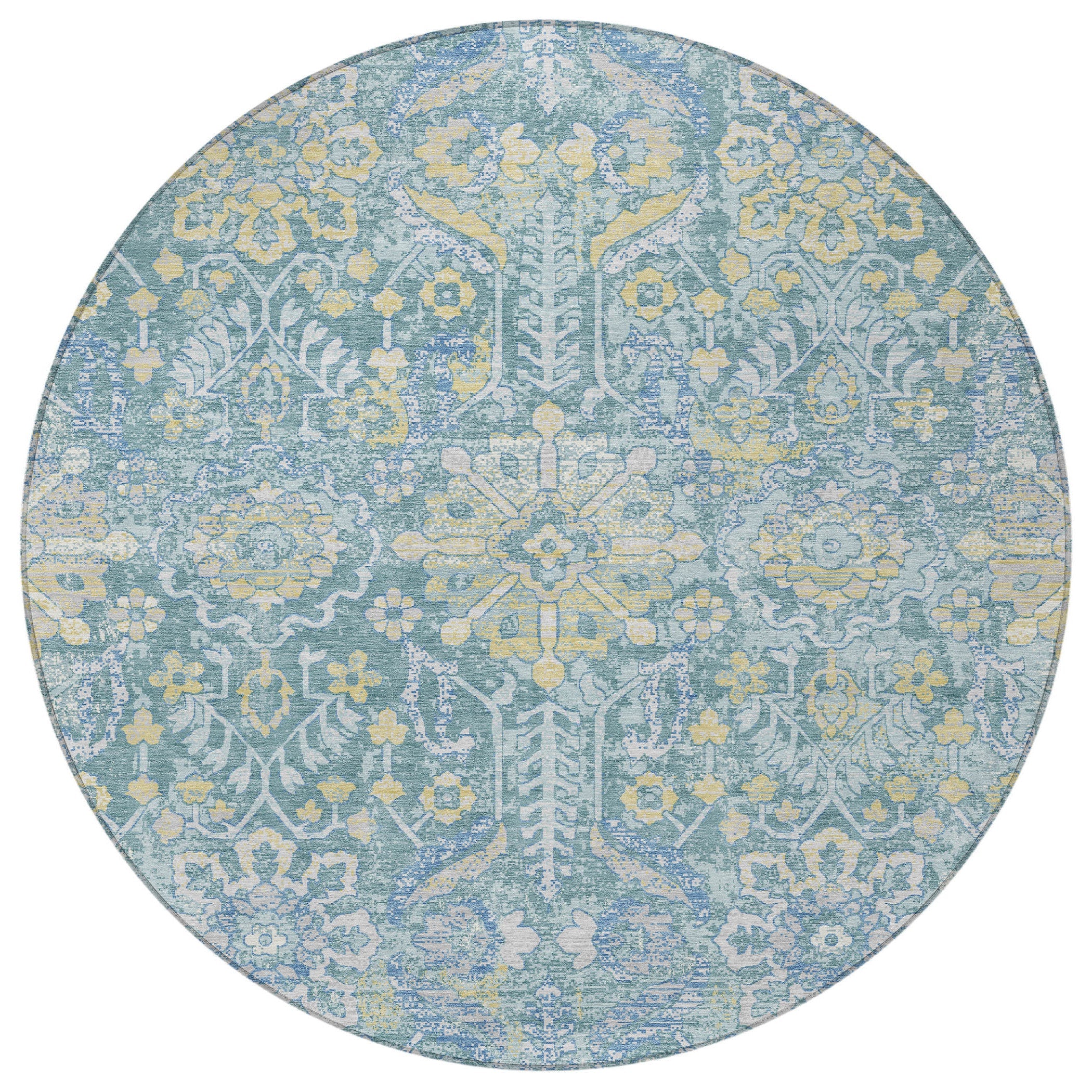 8' Teal Blue And Silver Round Damask Washable Indoor Outdoor Area Rug Homeroots Outdoor