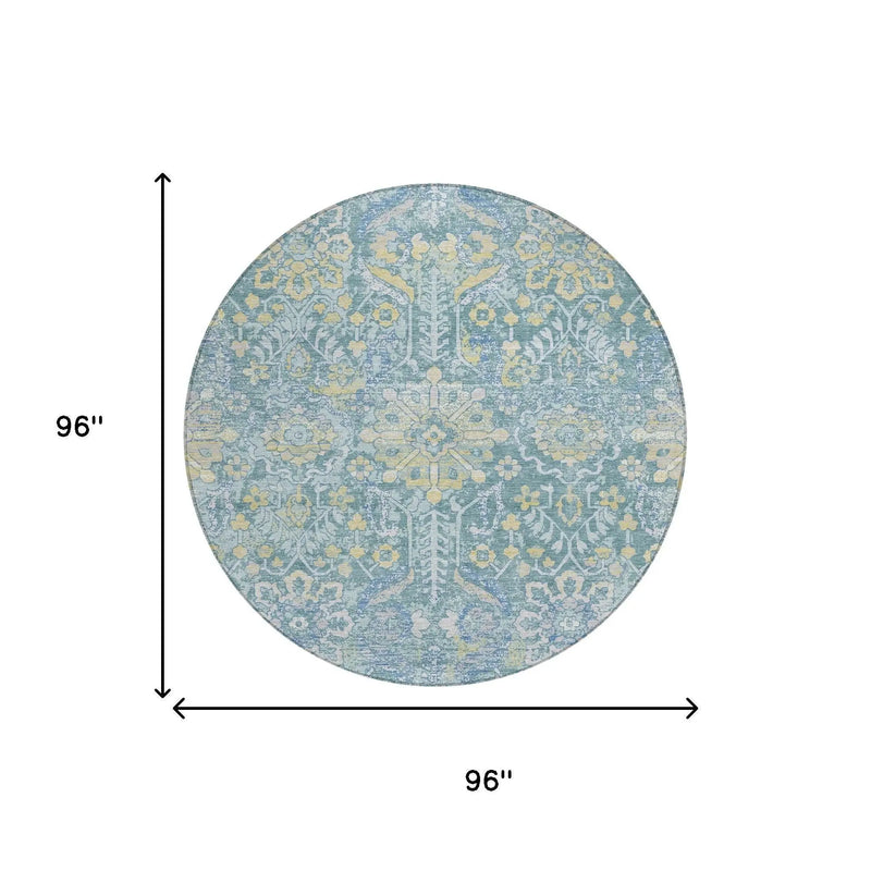 8' Teal Blue And Silver Round Damask Washable Indoor Outdoor Area Rug Homeroots Outdoor