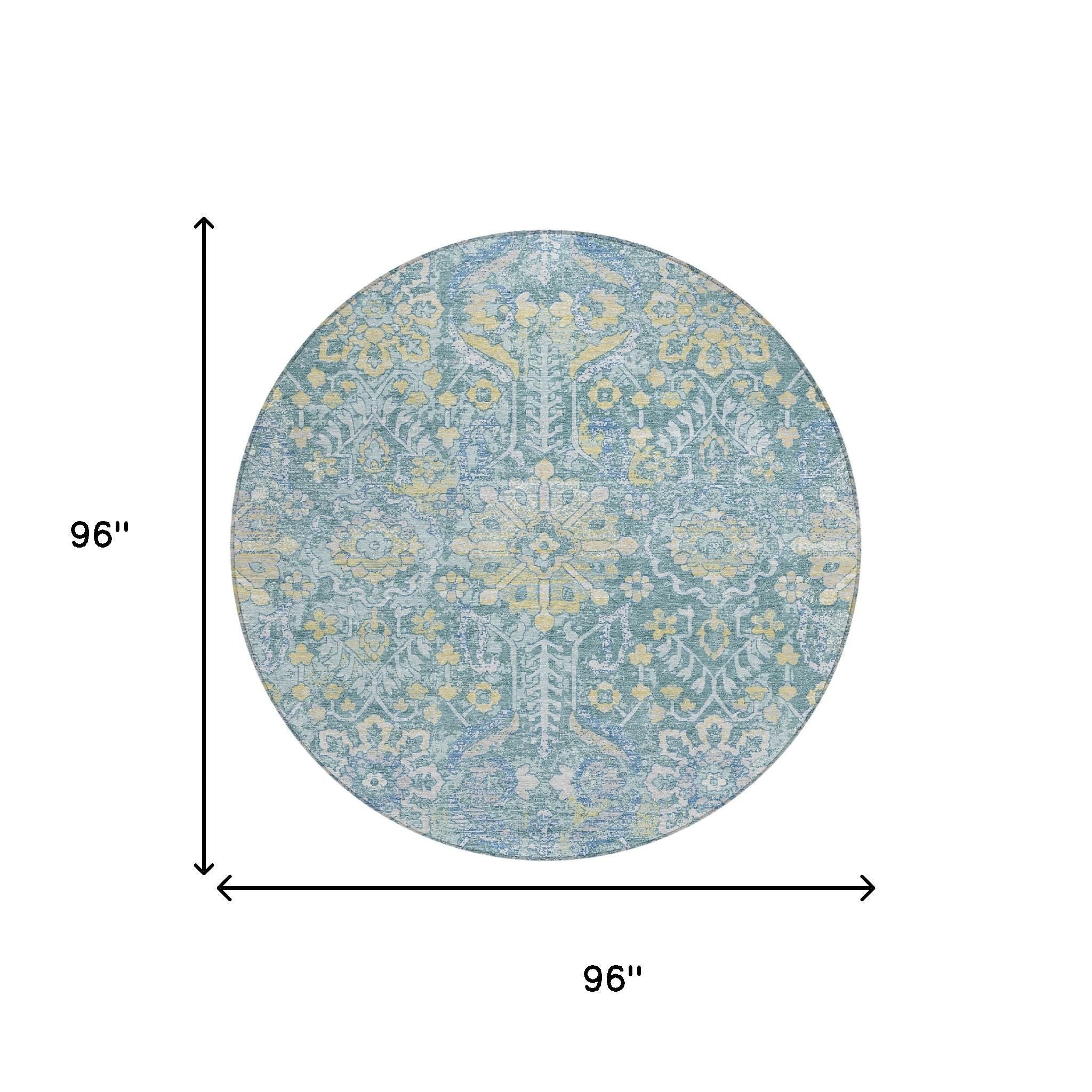 8' Teal Blue And Silver Round Damask Washable Indoor Outdoor Area Rug Homeroots Outdoor