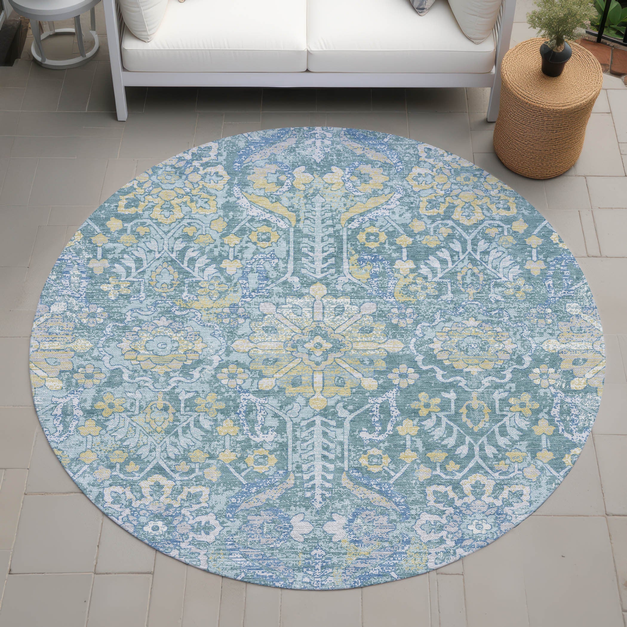 8' Teal Blue And Silver Round Damask Washable Indoor Outdoor Area Rug Homeroots Outdoor