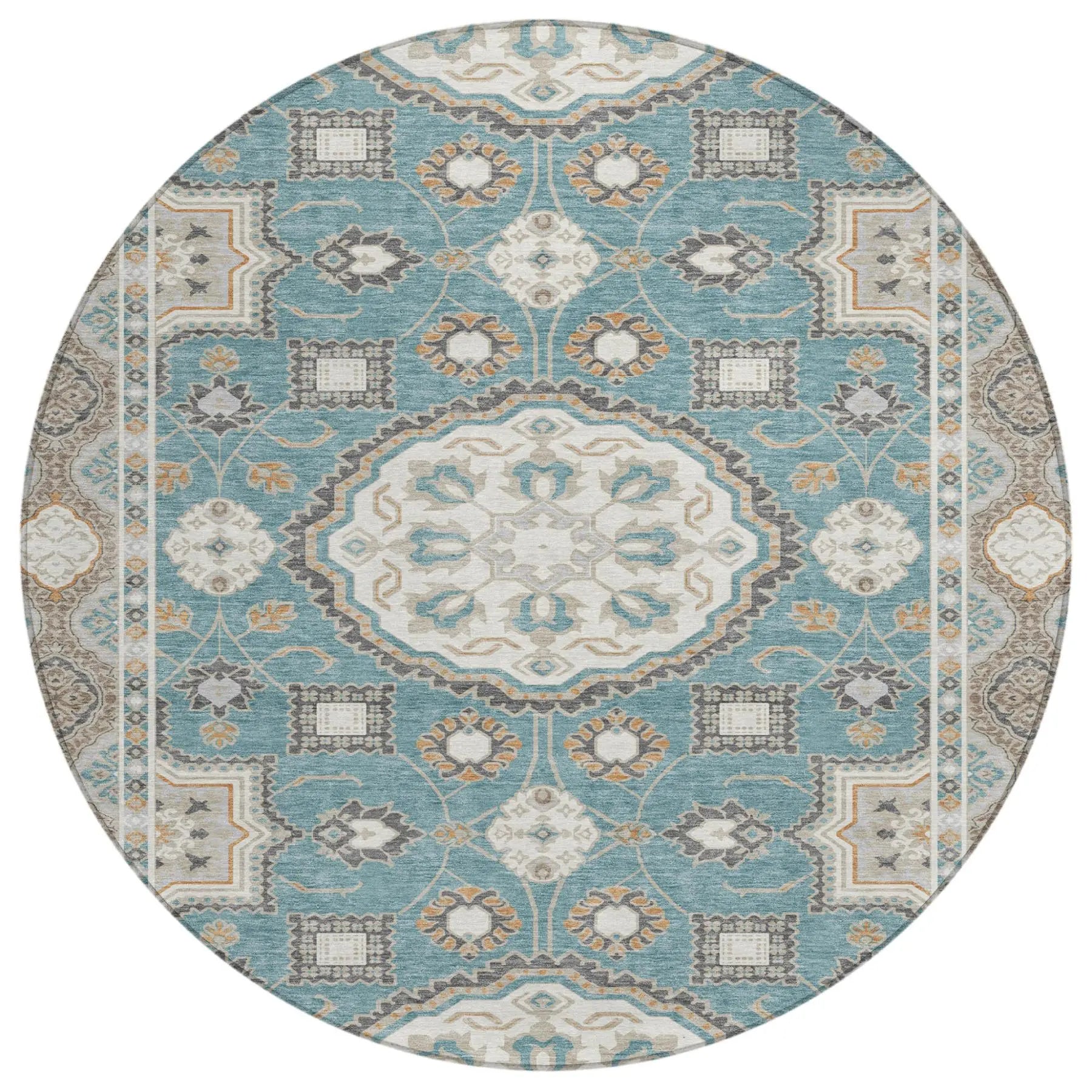 8' Teal Blue And Silver Round Floral Medallion Washable Indoor Outdoor Area Rug Homeroots Outdoor