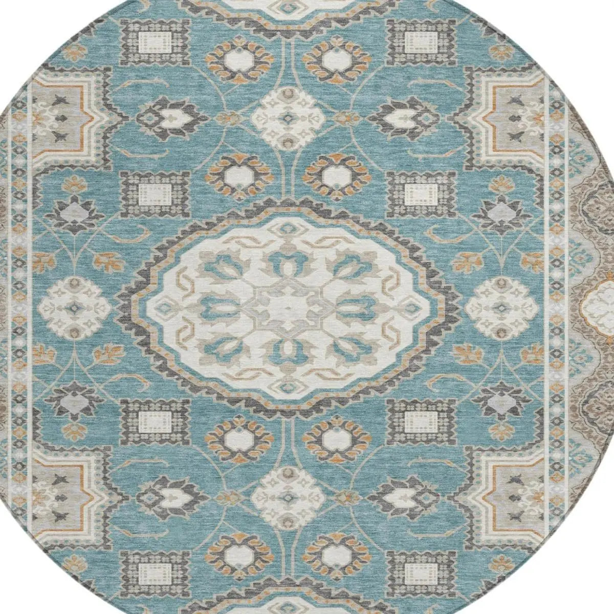 8' Teal Blue And Silver Round Floral Medallion Washable Indoor Outdoor Area Rug Homeroots Outdoor