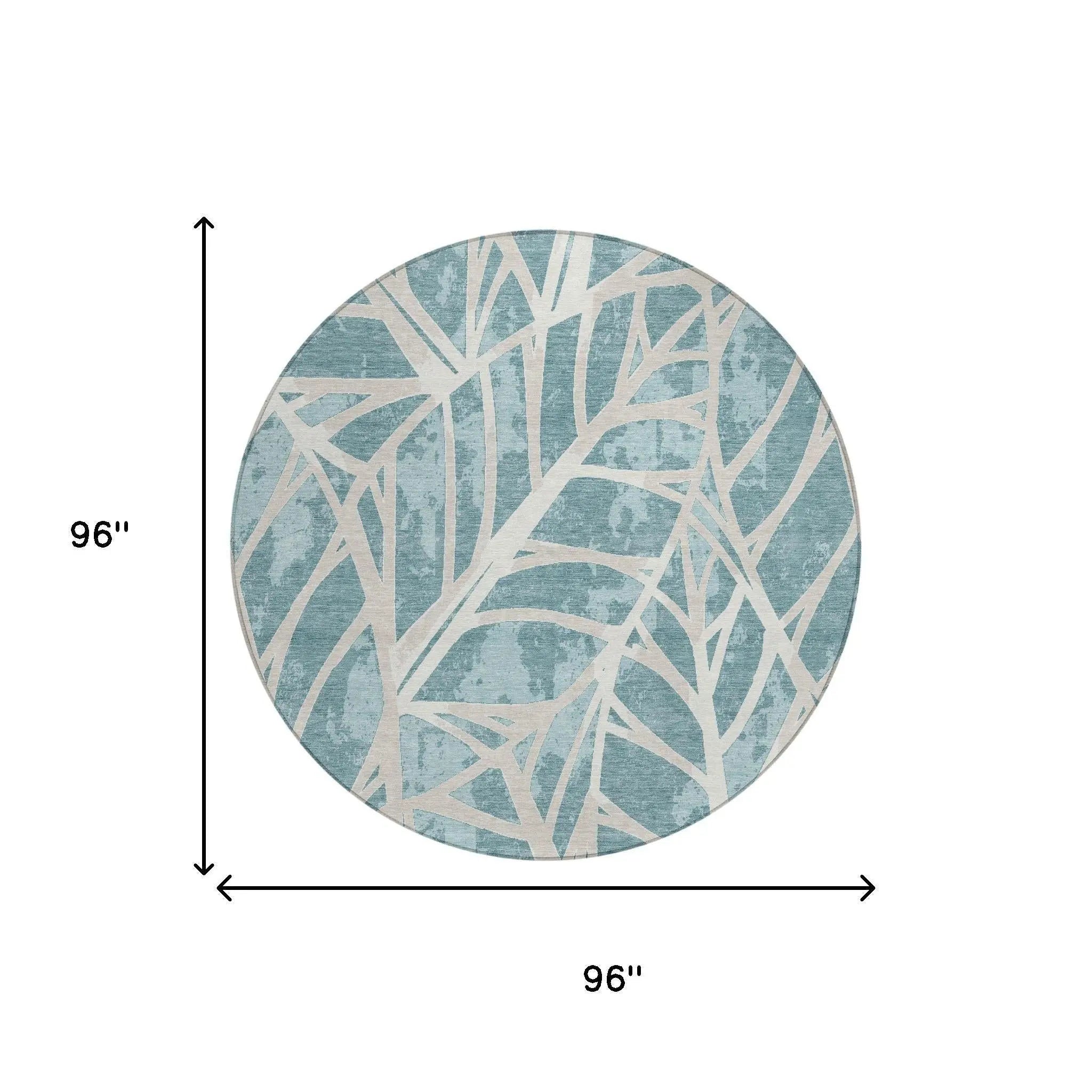 8' Teal Blue And Silver Round Floral Washable Indoor Outdoor Area Rug Homeroots Outdoor