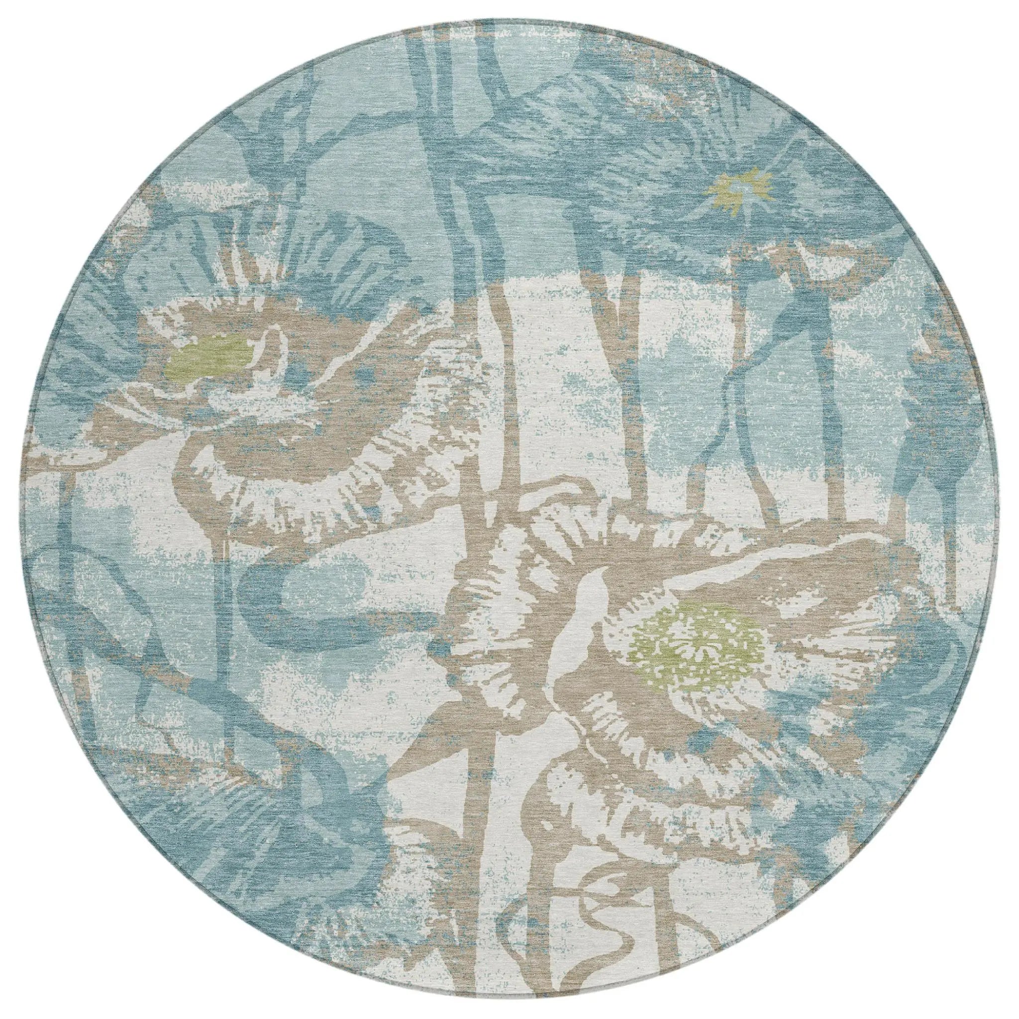 8' Teal Blue And Silver Round Floral Washable Indoor Outdoor Area Rug Homeroots Outdoor