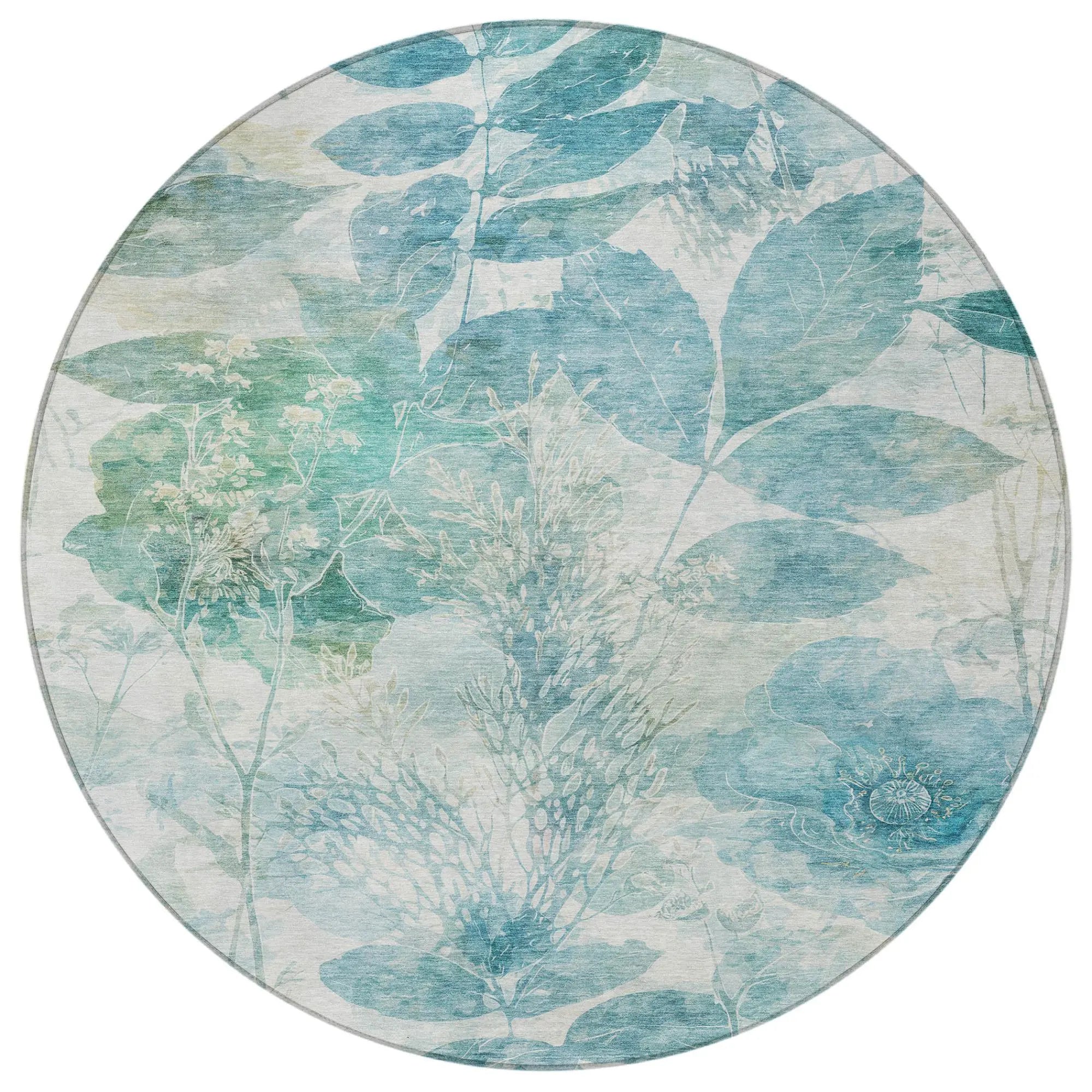 8' Teal Blue And Silver Round Floral Washable Indoor Outdoor Area Rug Homeroots Outdoor
