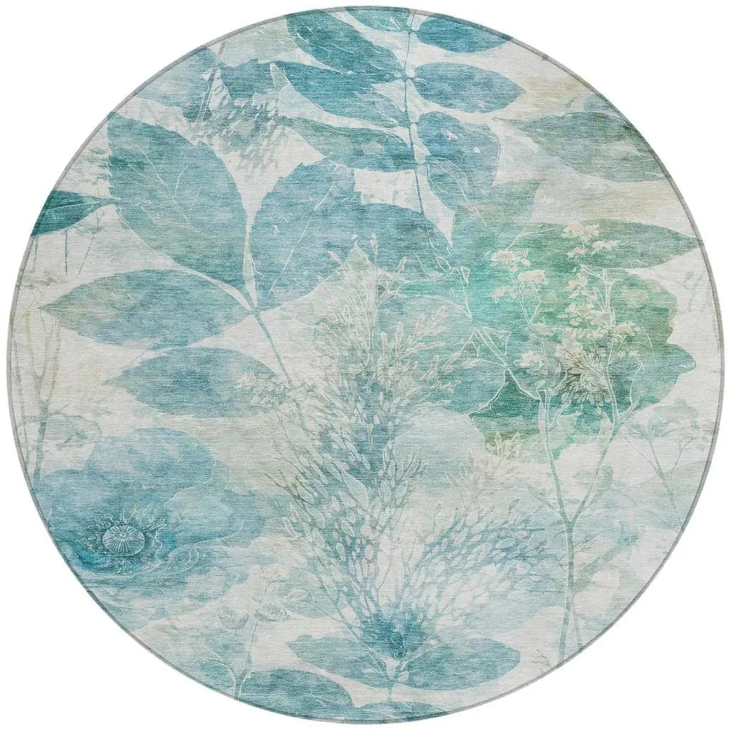 8' Teal Blue And Silver Round Floral Washable Indoor Outdoor Area Rug Homeroots Outdoor