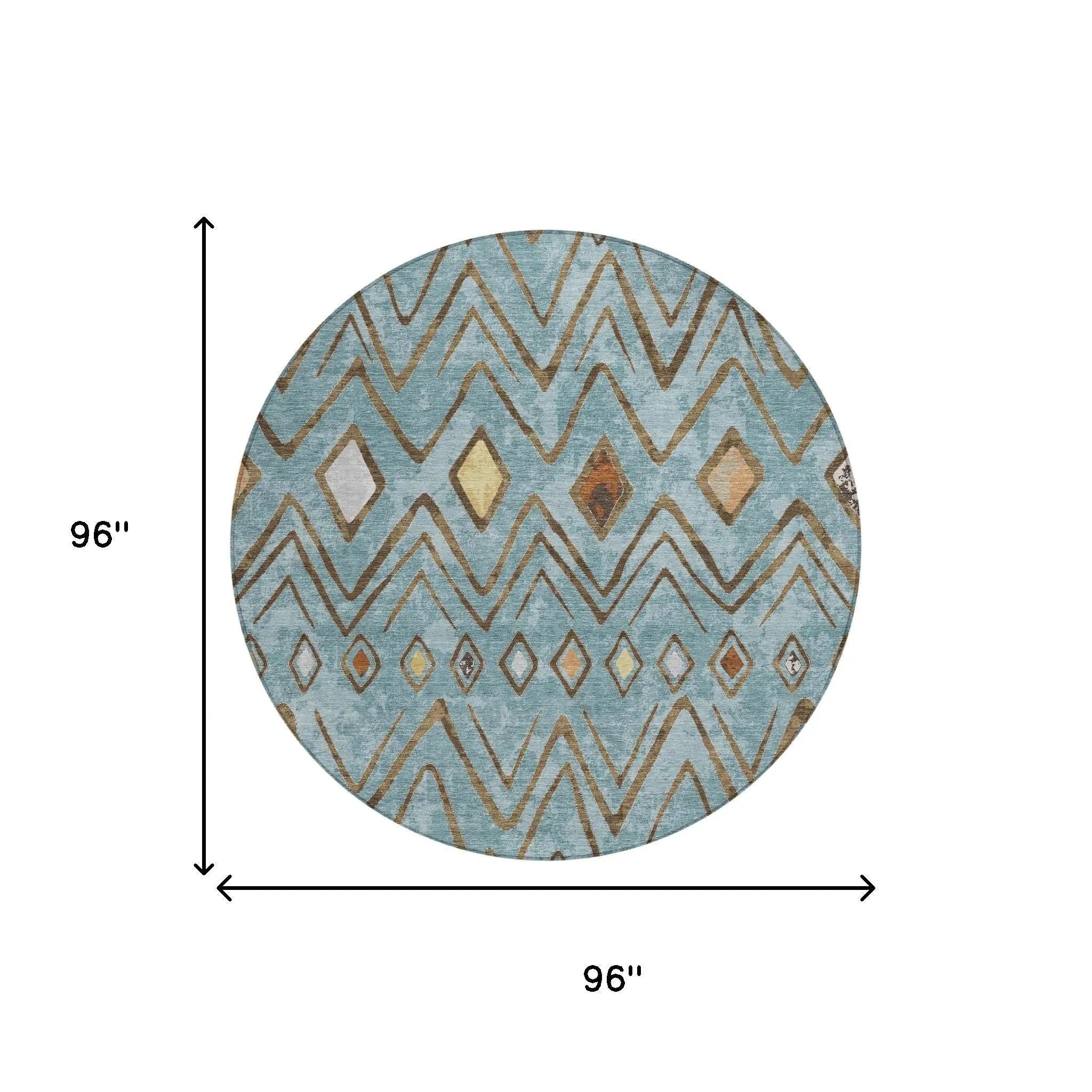 8' Teal Blue And Silver Round Geometric Washable Indoor Outdoor Area Rug Homeroots Outdoor