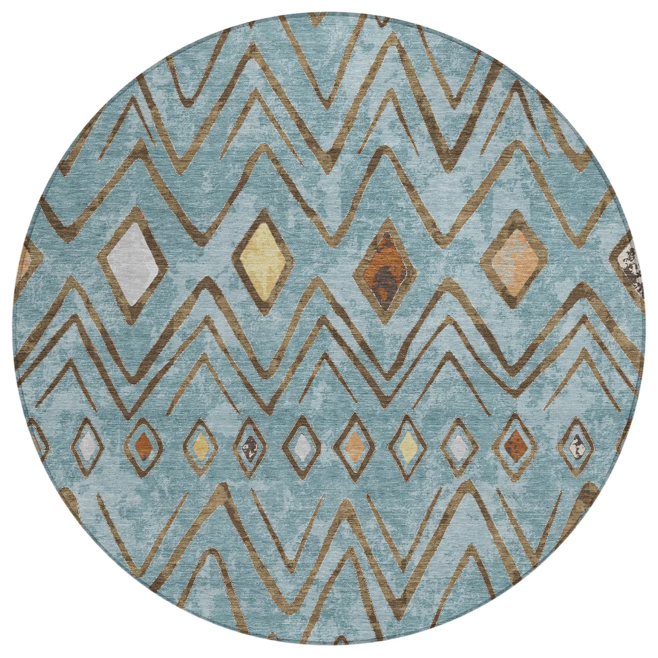 8' Teal Blue And Silver Round Geometric Washable Indoor Outdoor Area Rug Homeroots Outdoor