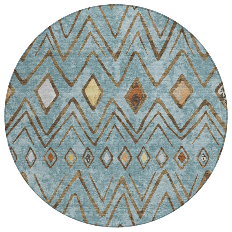 8' Teal Blue And Silver Round Geometric Washable Indoor Outdoor Area Rug Homeroots Outdoor