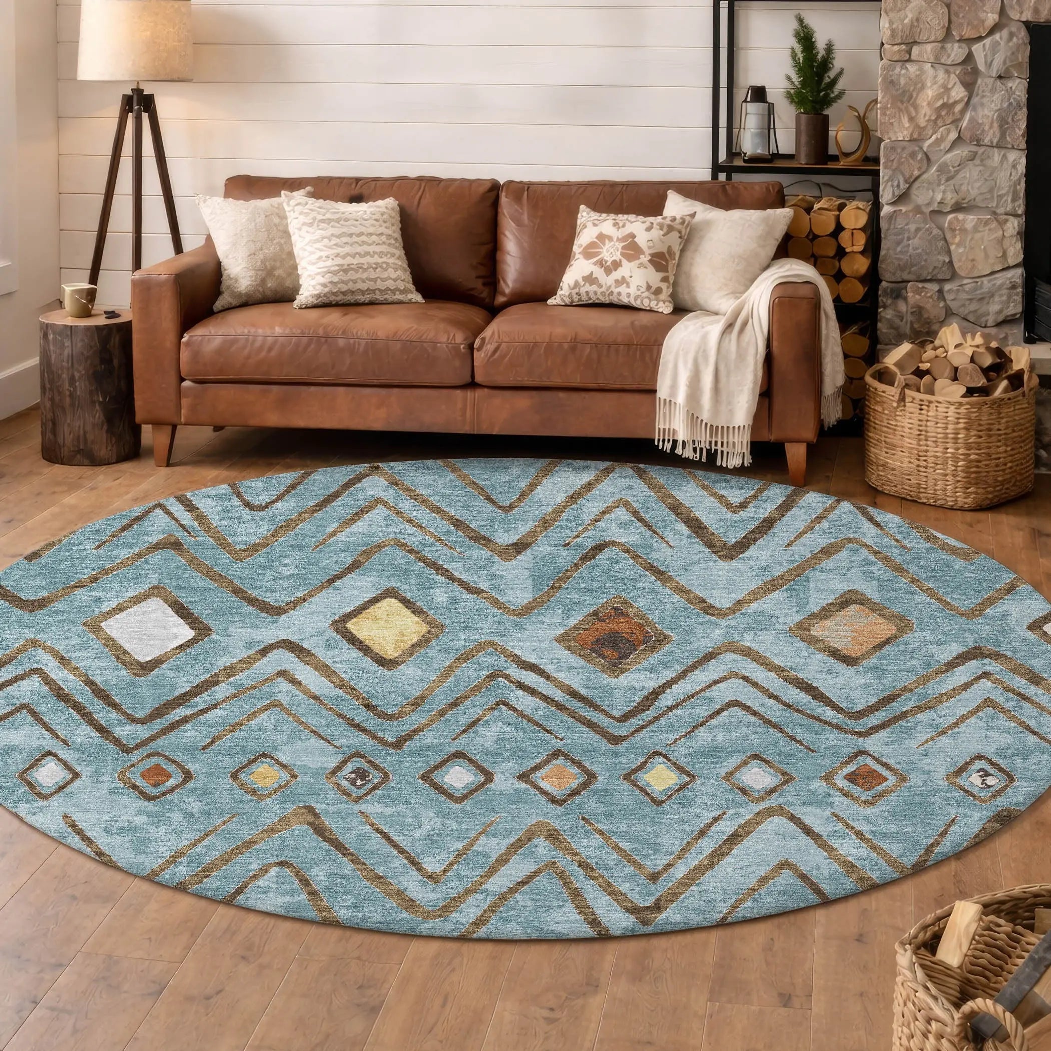 8' Teal Blue And Silver Round Geometric Washable Indoor Outdoor Area Rug Homeroots Outdoor
