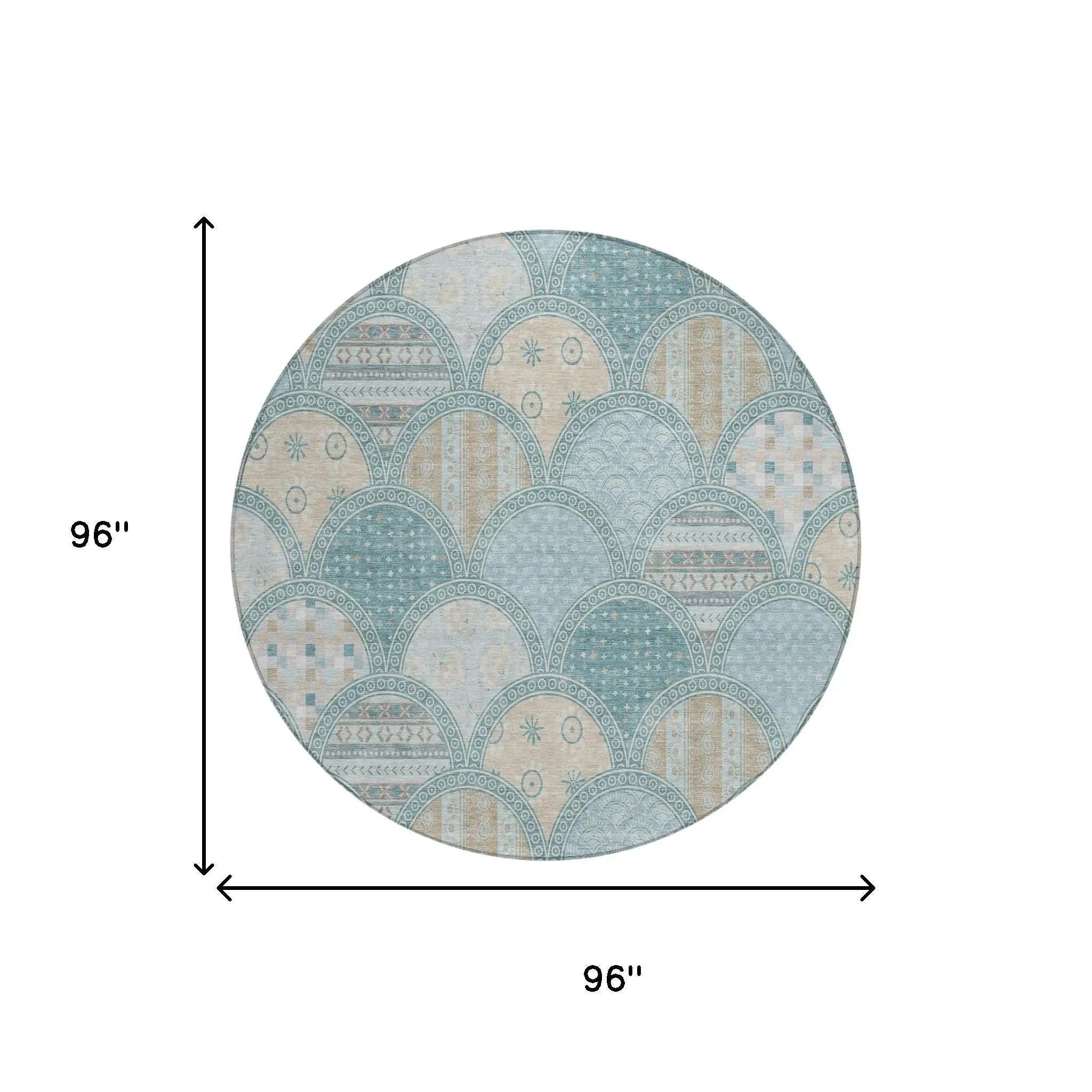 8' Teal Blue And Silver Round Geometric Washable Indoor Outdoor Area Rug Homeroots Outdoor