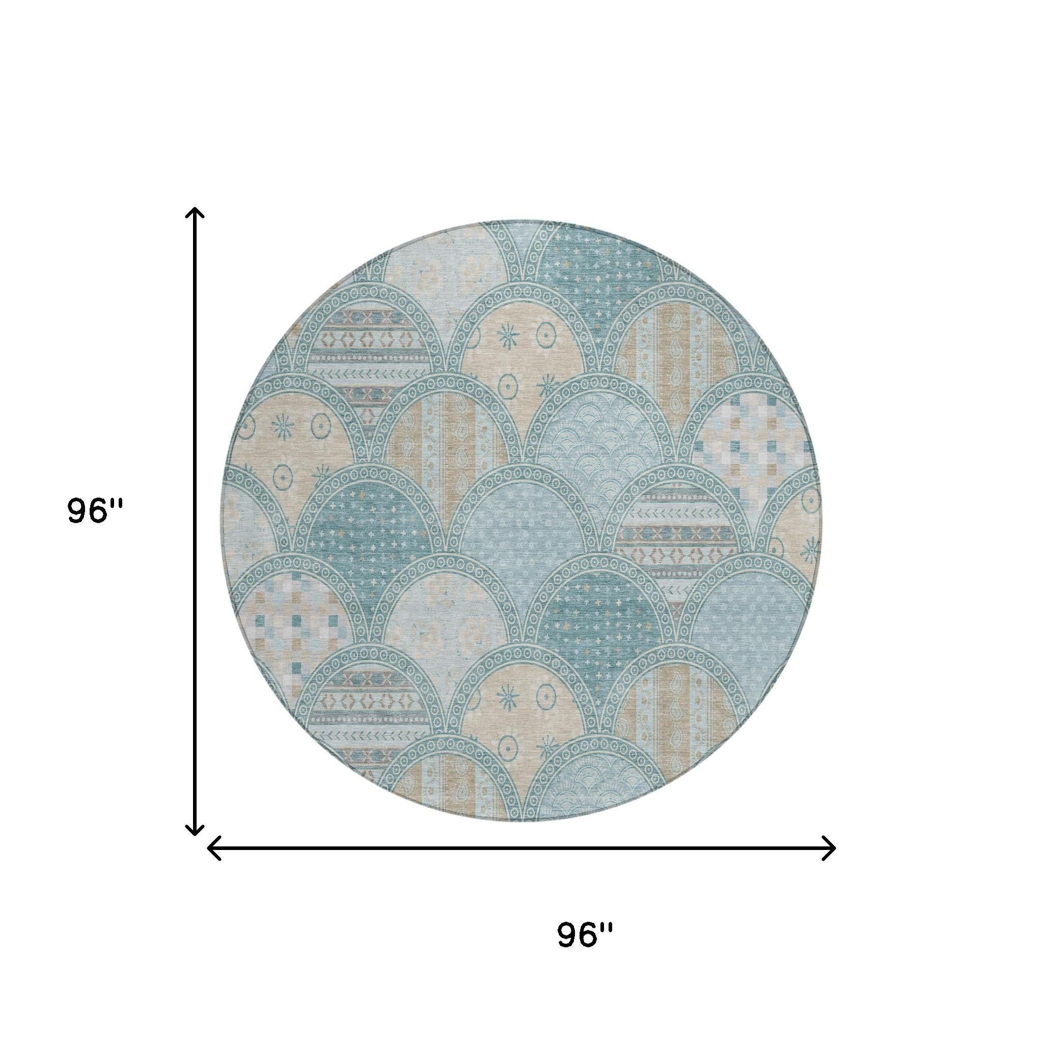 8' Teal Blue And Silver Round Geometric Washable Indoor Outdoor Area Rug Homeroots Outdoor
