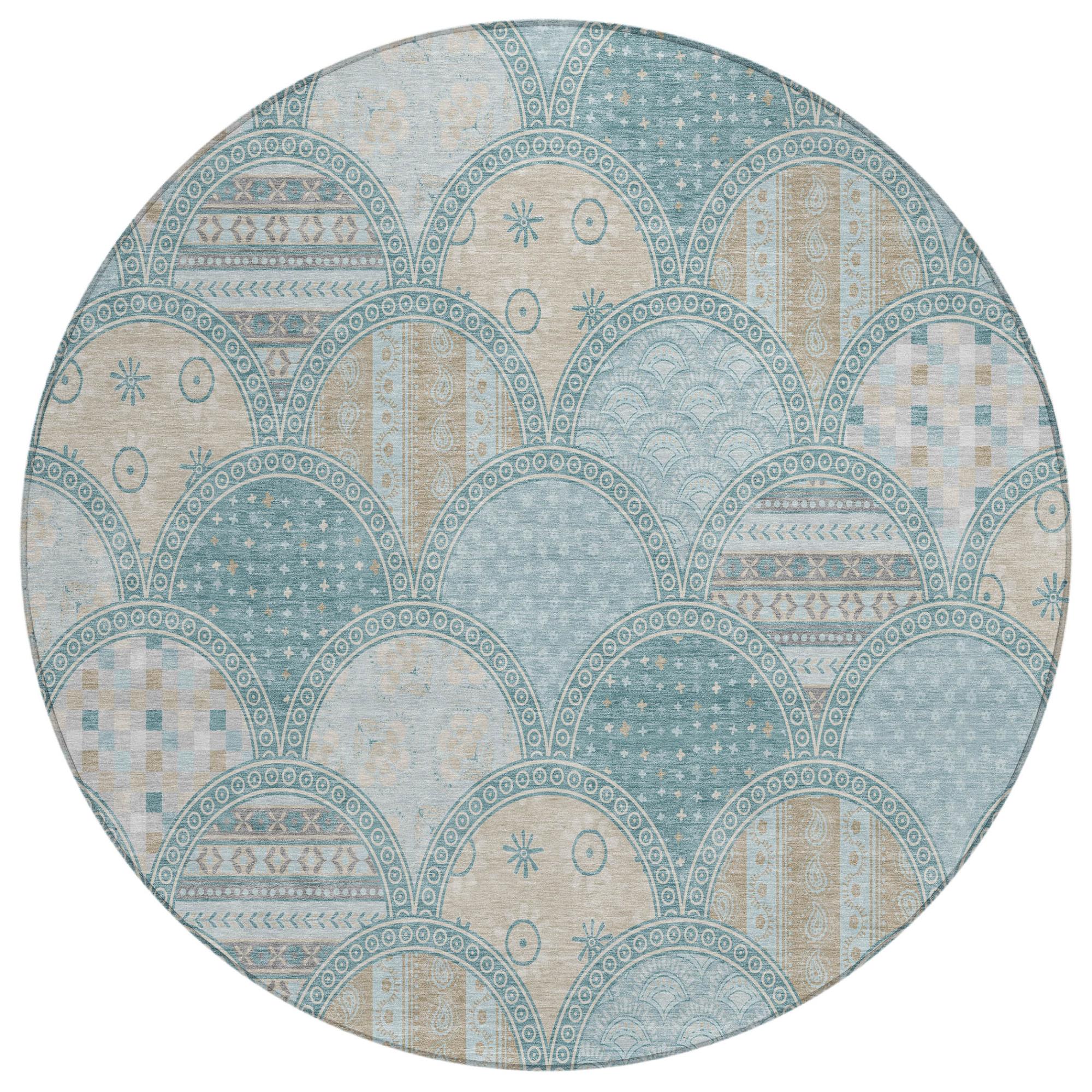 8' Teal Blue And Silver Round Geometric Washable Indoor Outdoor Area Rug Homeroots Outdoor