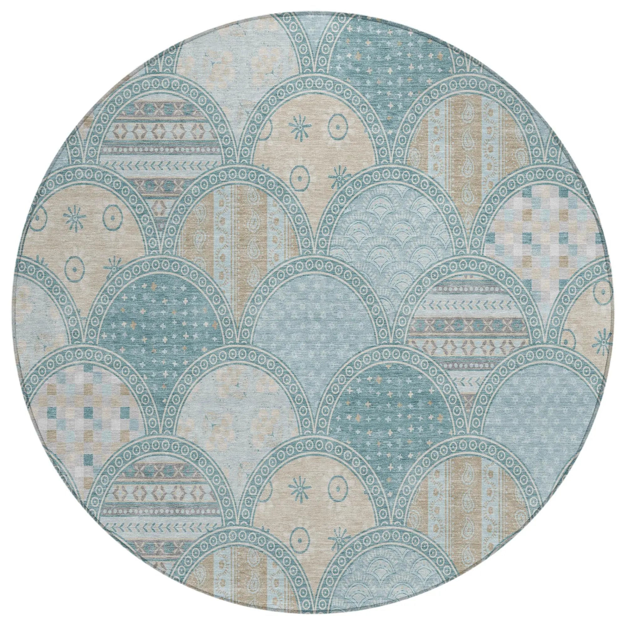 8' Teal Blue And Silver Round Geometric Washable Indoor Outdoor Area Rug Homeroots Outdoor