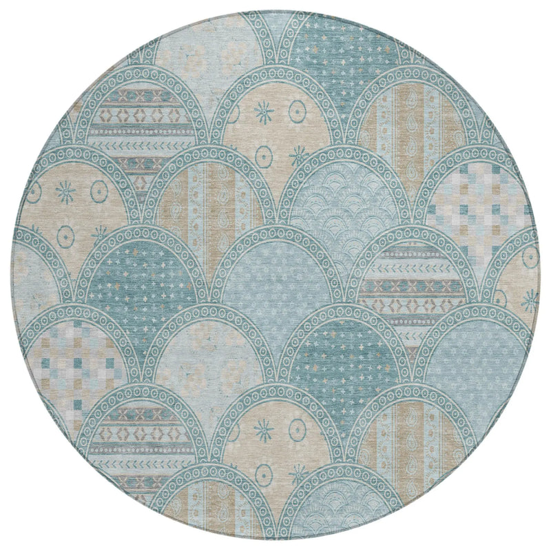 8' Teal Blue And Silver Round Geometric Washable Indoor Outdoor Area Rug Homeroots Outdoor