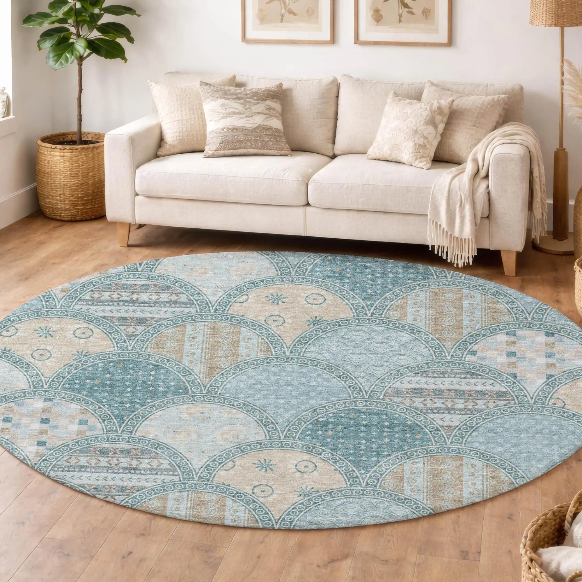 8' Teal Blue And Silver Round Geometric Washable Indoor Outdoor Area Rug Homeroots Outdoor