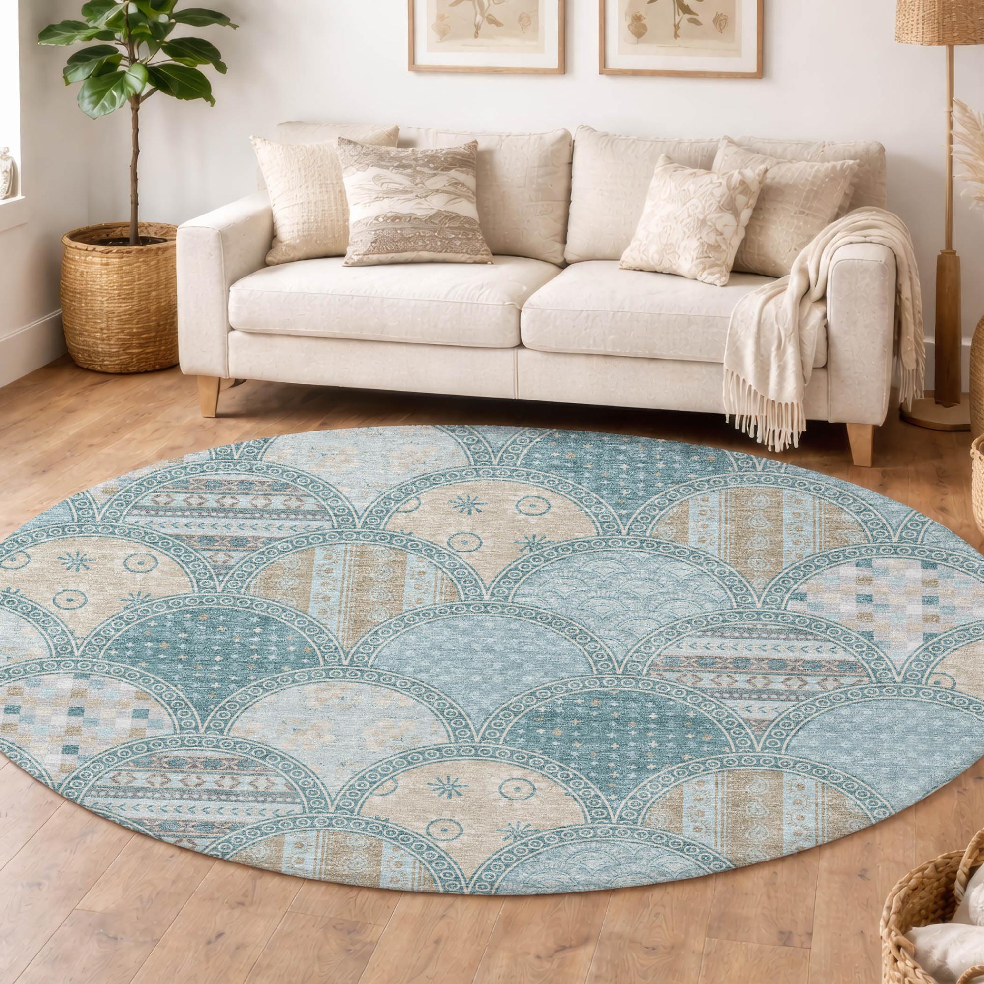 8' Teal Blue And Silver Round Geometric Washable Indoor Outdoor Area Rug Homeroots Outdoor