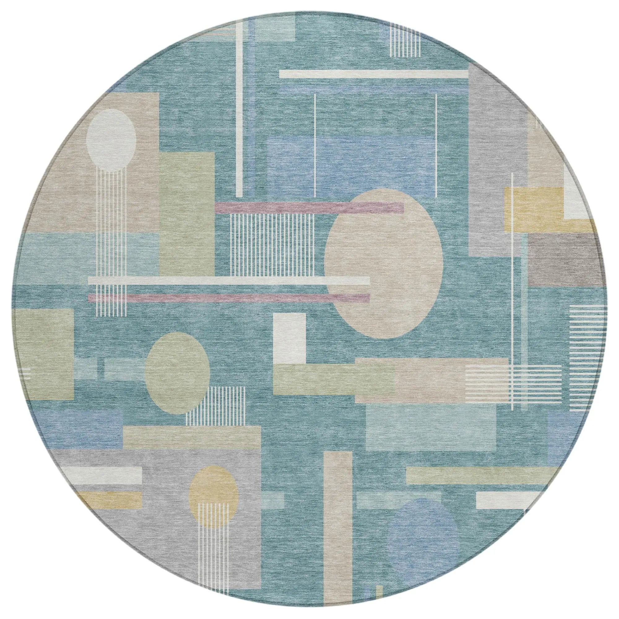 8' Teal Blue And Silver Round Geometric Washable Indoor Outdoor Area Rug Homeroots Outdoor