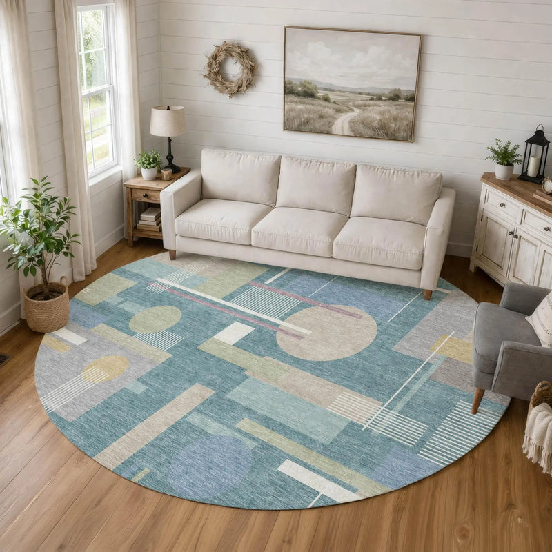 8' Teal Blue And Silver Round Geometric Washable Indoor Outdoor Area Rug Homeroots Outdoor