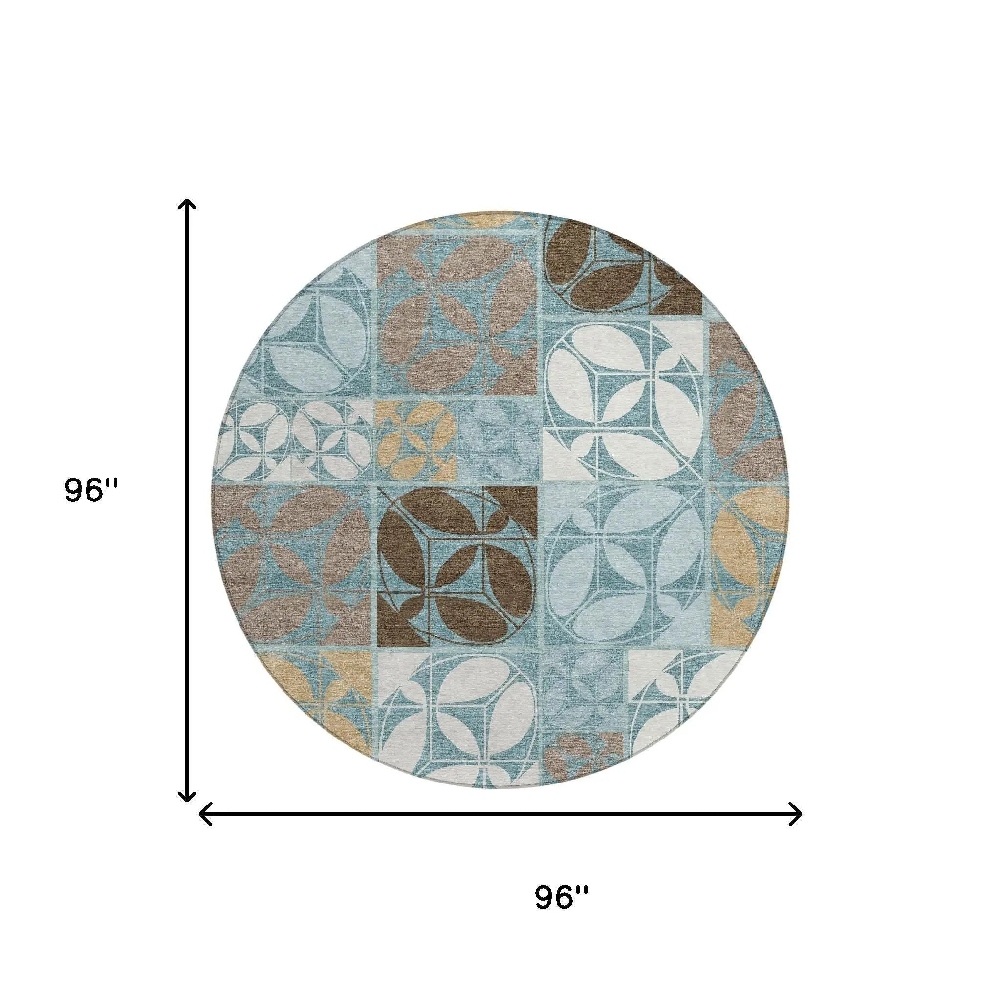 8' Teal Blue And Silver Round Geometric Washable Indoor Outdoor Area Rug Homeroots Outdoor
