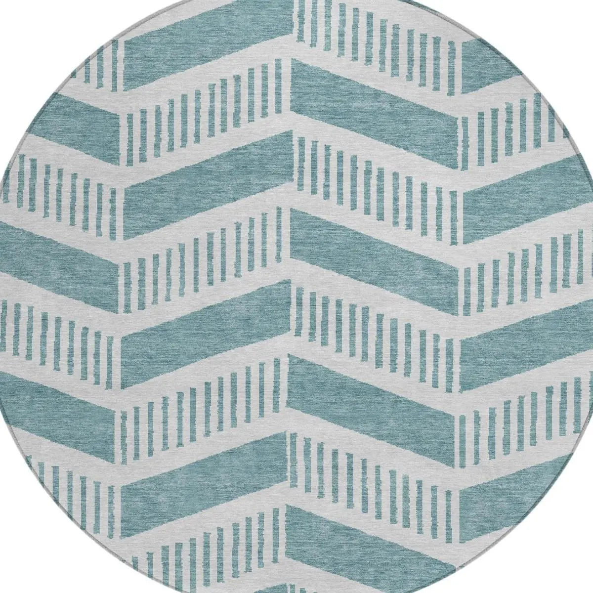8' Teal Blue And Silver Round Geometric Washable Indoor Outdoor Area Rug Homeroots Outdoor