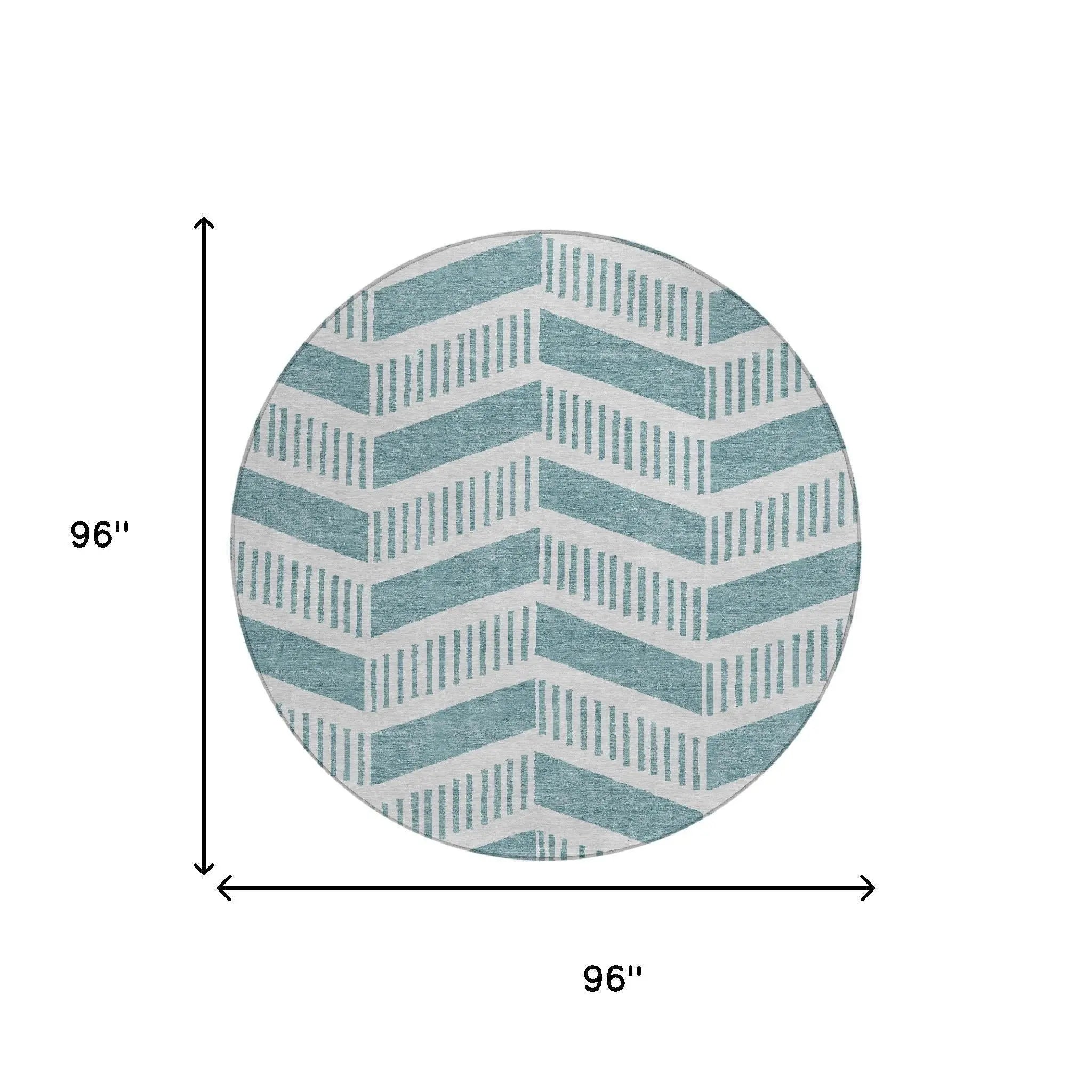 8' Teal Blue And Silver Round Geometric Washable Indoor Outdoor Area Rug Homeroots Outdoor