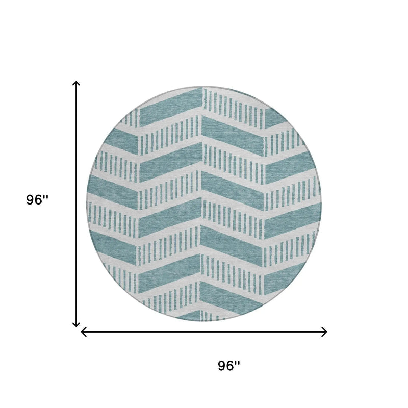 8' Teal Blue And Silver Round Geometric Washable Indoor Outdoor Area Rug Homeroots Outdoor