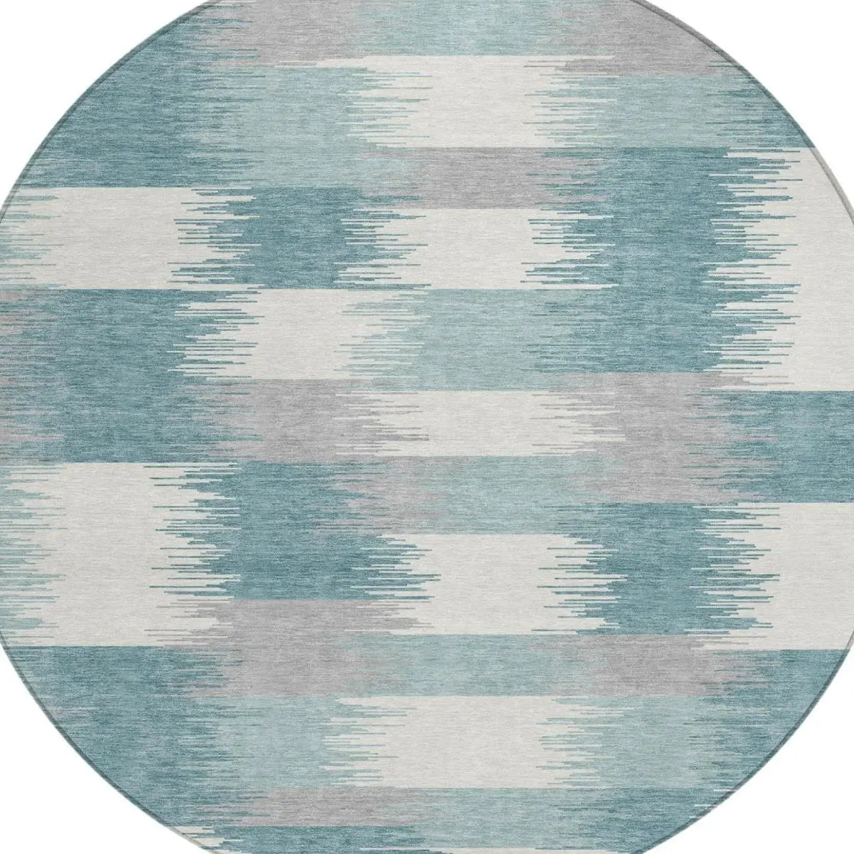8' Teal Blue And Silver Round Geometric Washable Indoor Outdoor Area Rug Homeroots Outdoor