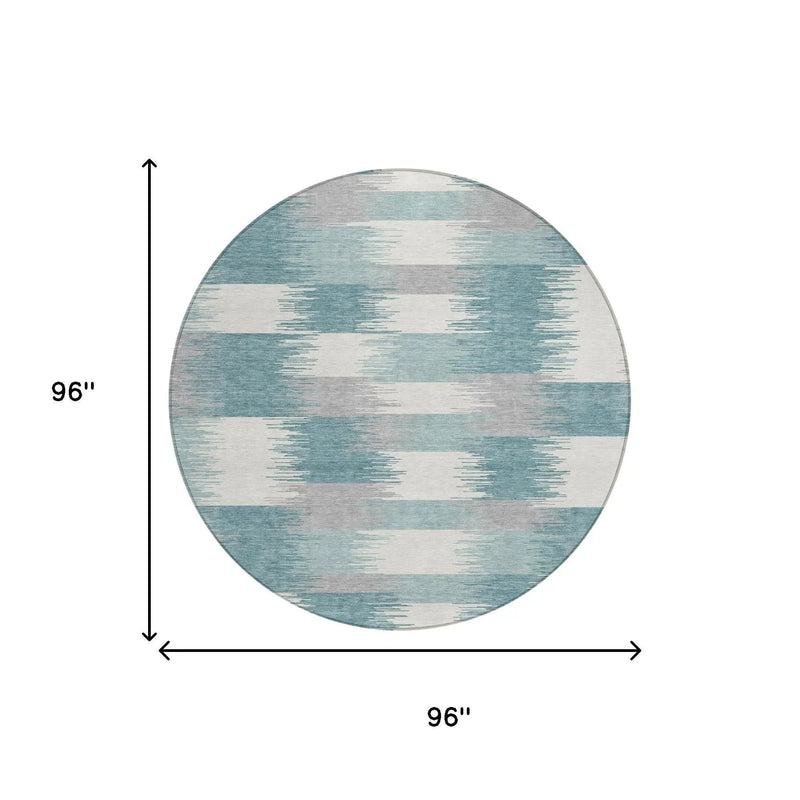 8' Teal Blue And Silver Round Geometric Washable Indoor Outdoor Area Rug Homeroots Outdoor