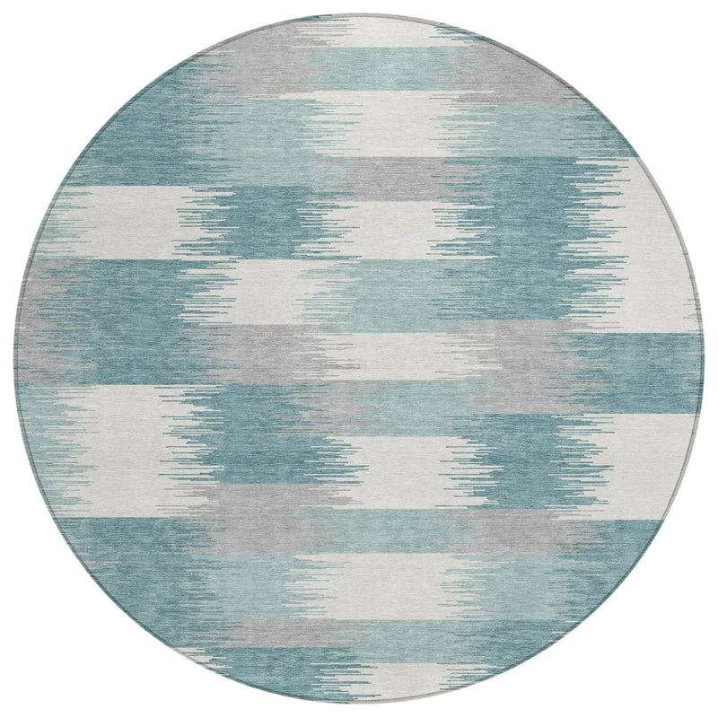 8' Teal Blue And Silver Round Geometric Washable Indoor Outdoor Area Rug Homeroots Outdoor
