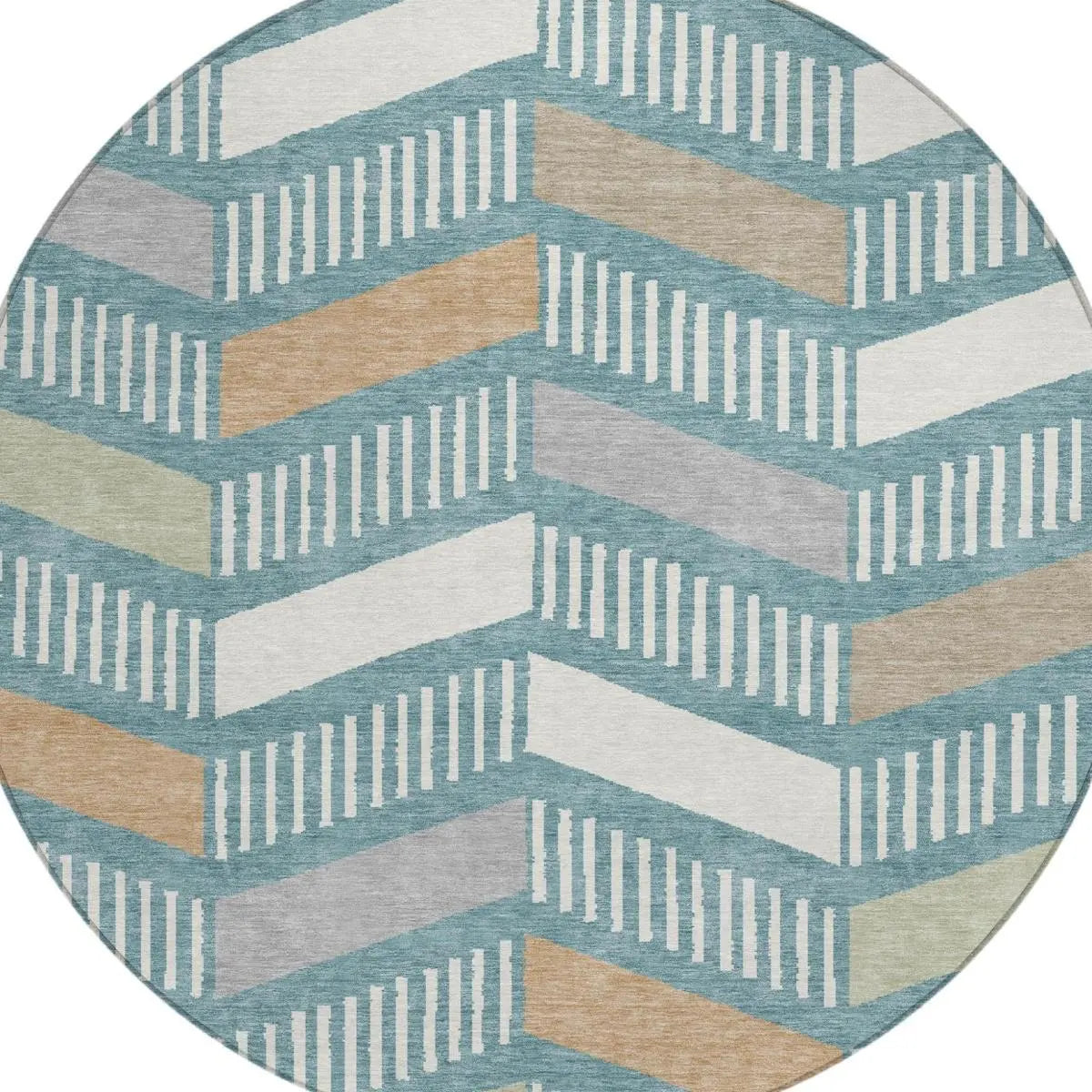8' Teal Blue And Silver Round Geometric Washable Indoor Outdoor Area Rug Homeroots Outdoor