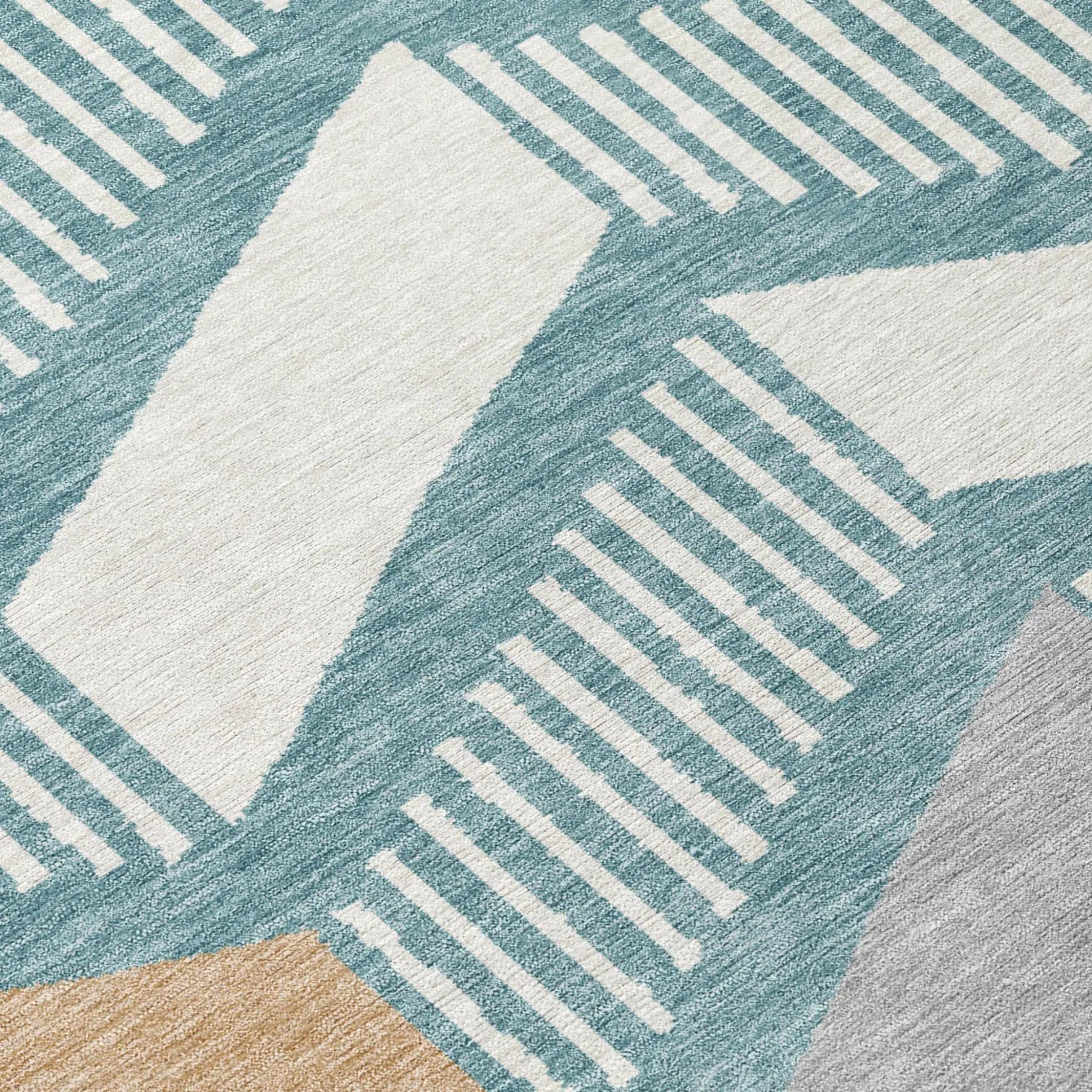 8' Teal Blue And Silver Round Geometric Washable Indoor Outdoor Area Rug Homeroots Outdoor