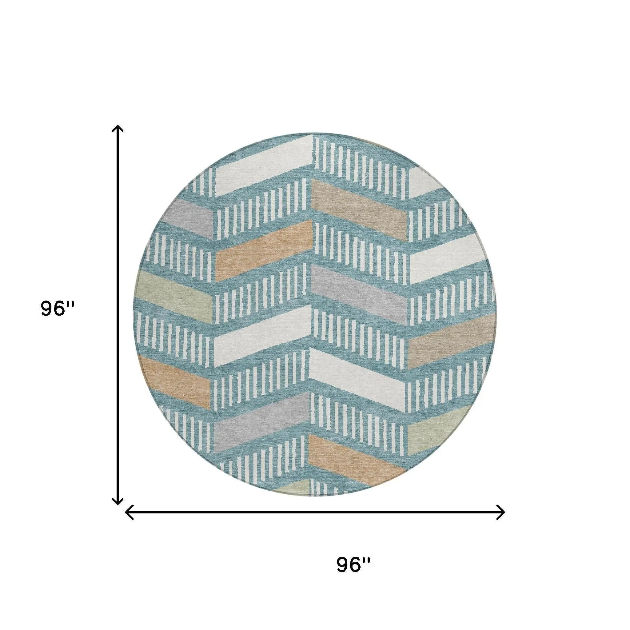 8' Teal Blue And Silver Round Geometric Washable Indoor Outdoor Area Rug Homeroots Outdoor