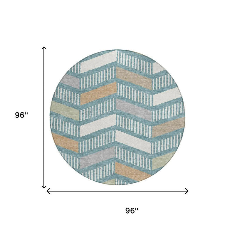 8' Teal Blue And Silver Round Geometric Washable Indoor Outdoor Area Rug Homeroots Outdoor