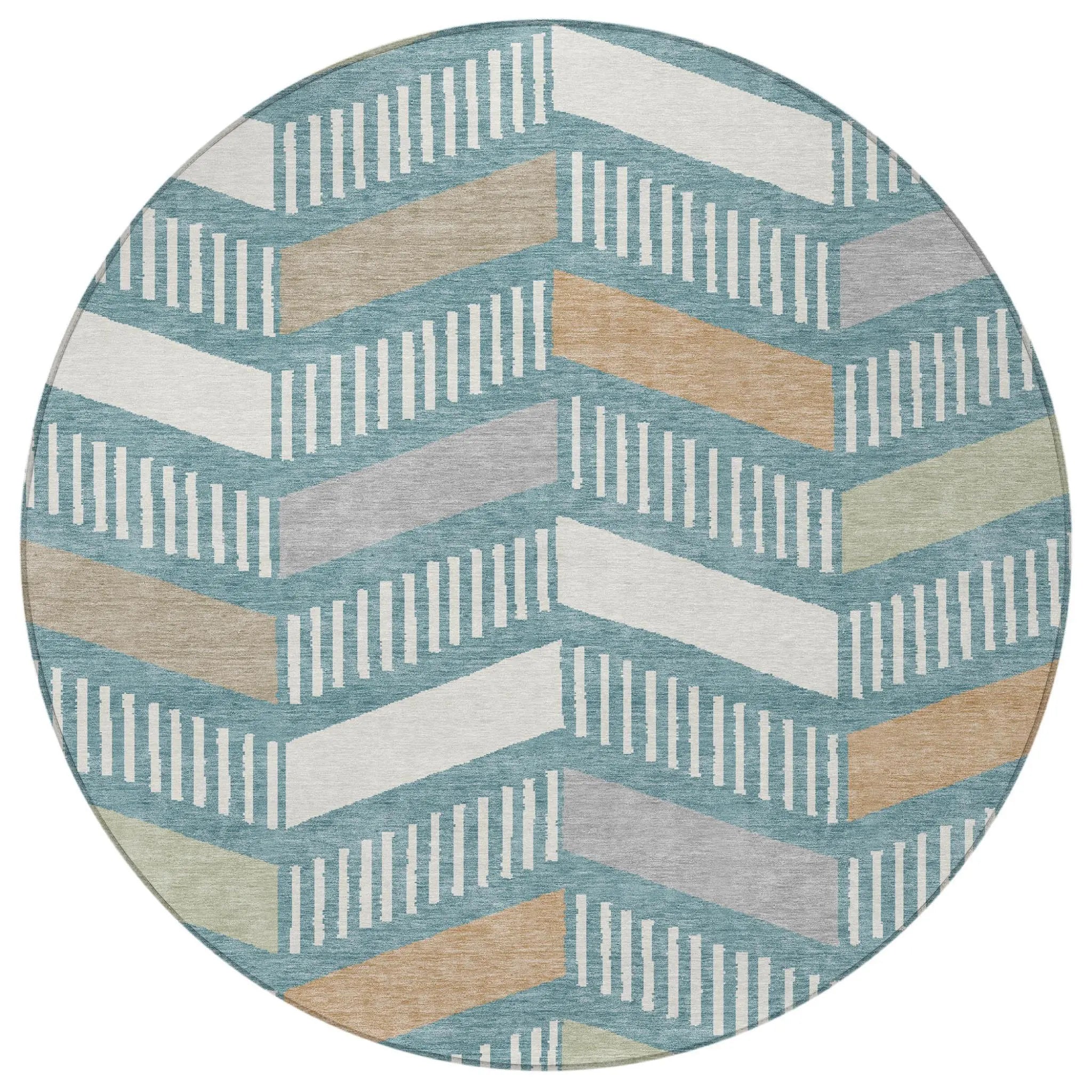 8' Teal Blue And Silver Round Geometric Washable Indoor Outdoor Area Rug Homeroots Outdoor