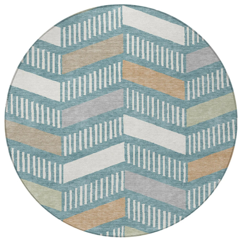 8' Teal Blue And Silver Round Geometric Washable Indoor Outdoor Area Rug Homeroots Outdoor