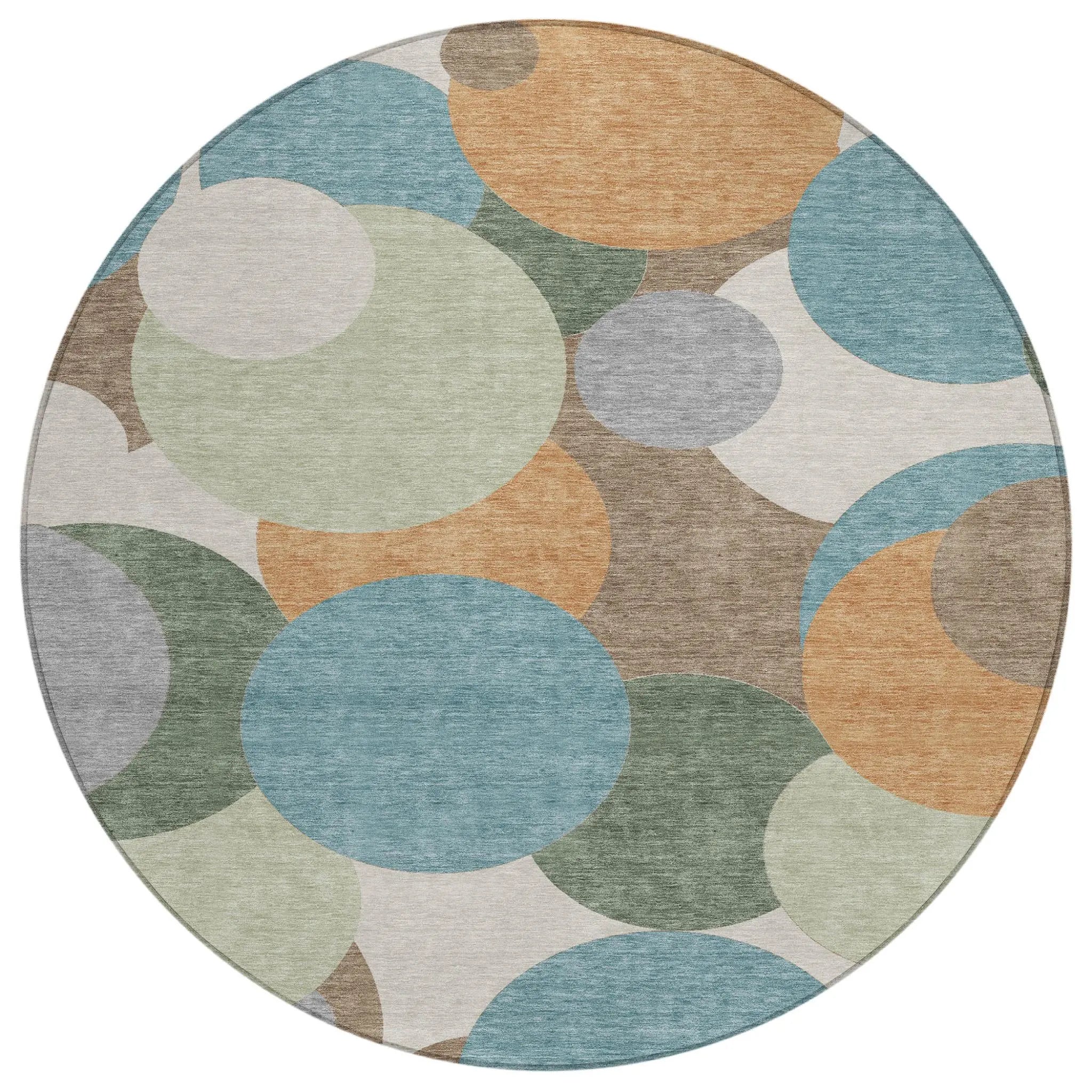 8' Teal Blue And Silver Round Geometric Washable Indoor Outdoor Area Rug Homeroots Outdoor