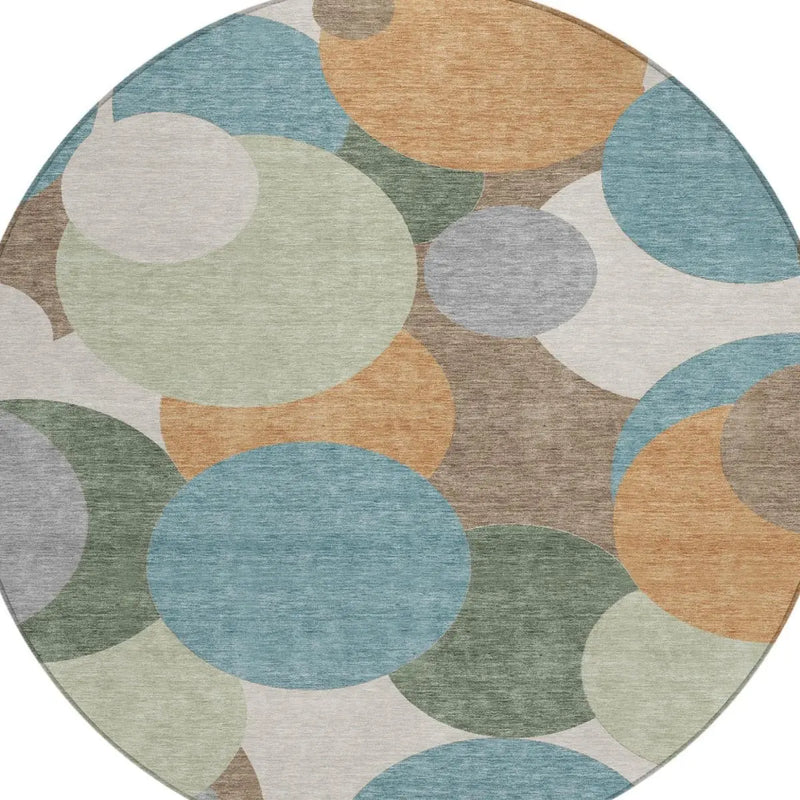 8' Teal Blue And Silver Round Geometric Washable Indoor Outdoor Area Rug Homeroots Outdoor