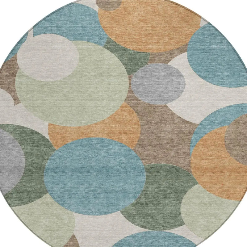 8' Teal Blue And Silver Round Geometric Washable Indoor Outdoor Area Rug Homeroots Outdoor