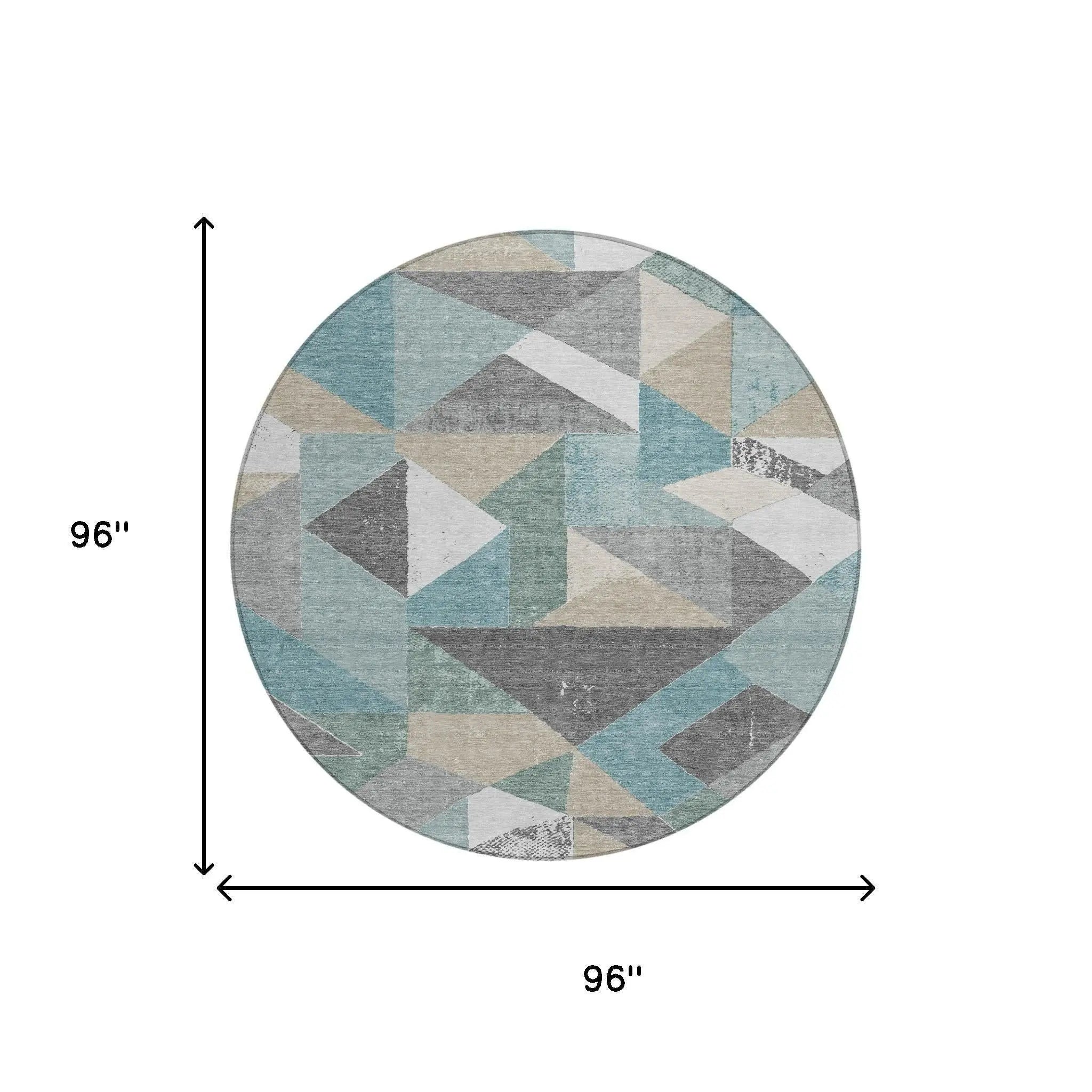 8' Teal Blue And Silver Round Geometric Washable Indoor Outdoor Area Rug Homeroots Outdoor