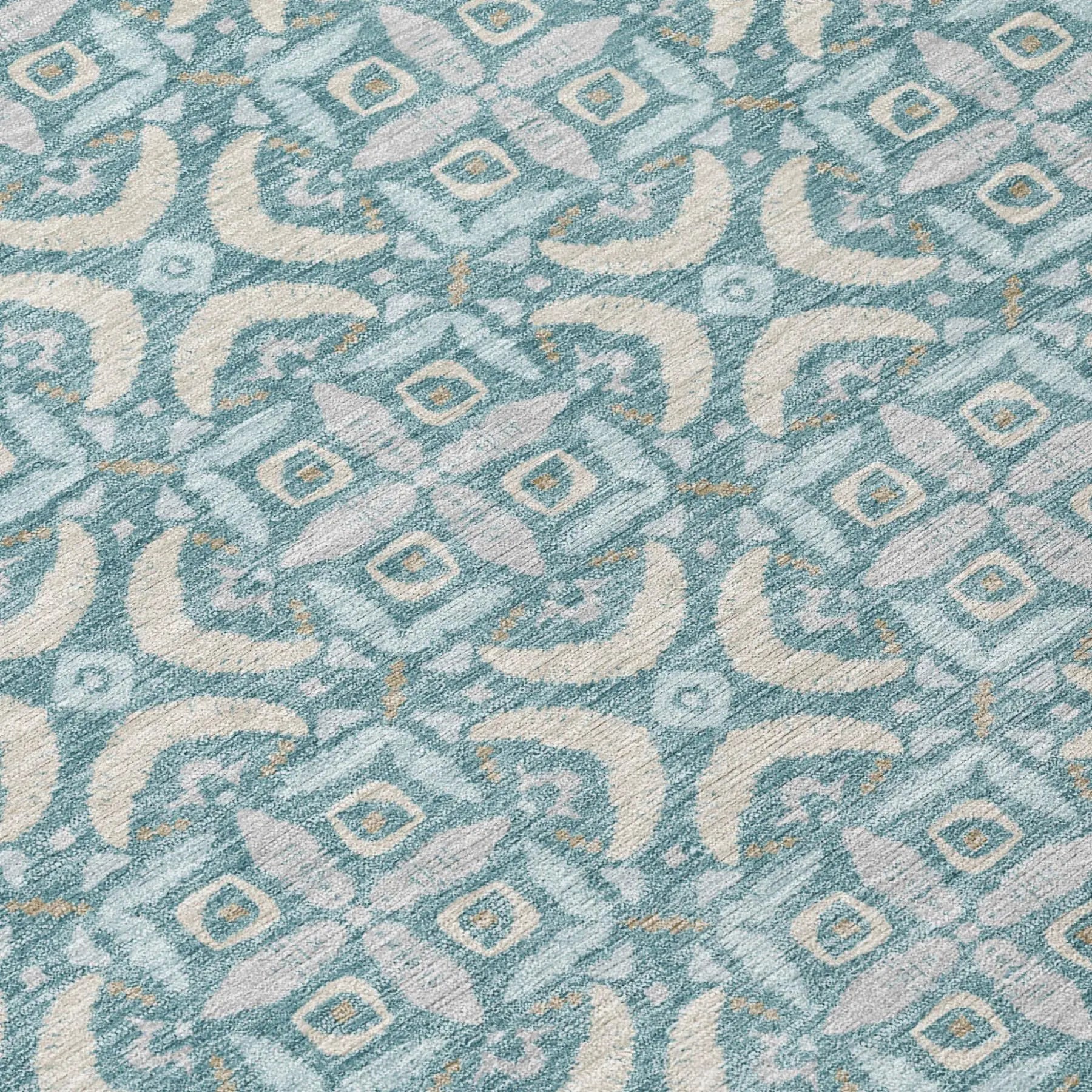 8' Teal Blue And Silver Round Geometric Washable Indoor Outdoor Area Rug Homeroots Outdoor