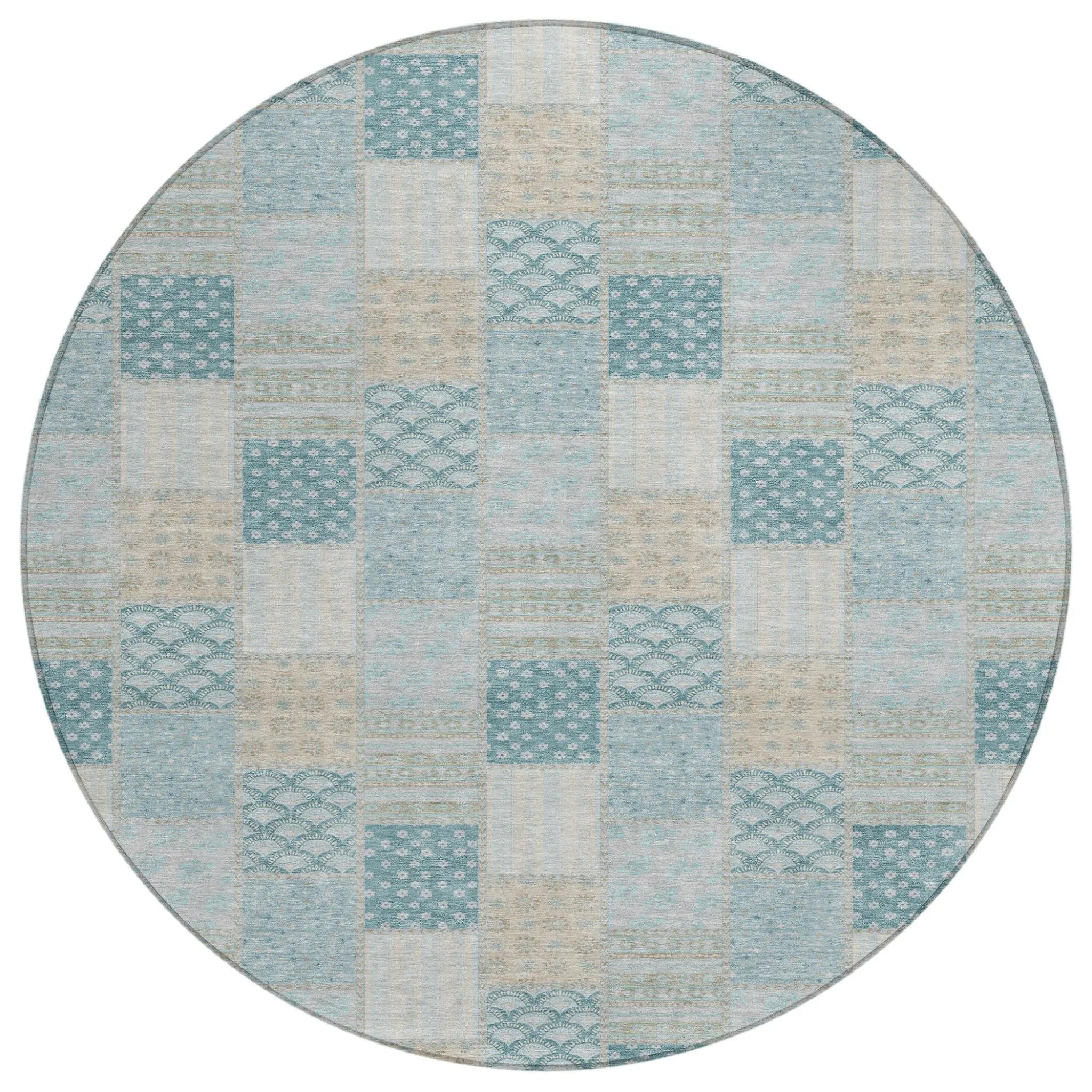 8' Teal Blue And Silver Round Patchwork Washable Indoor Outdoor Area Rug Homeroots Outdoor