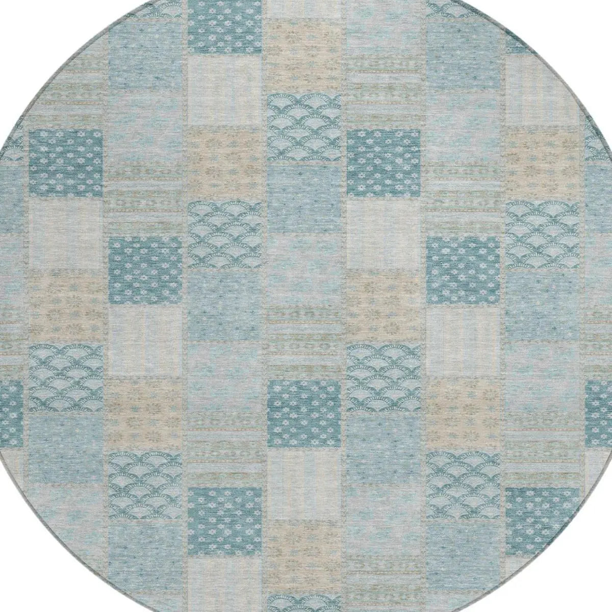 8' Teal Blue And Silver Round Patchwork Washable Indoor Outdoor Area Rug Homeroots Outdoor